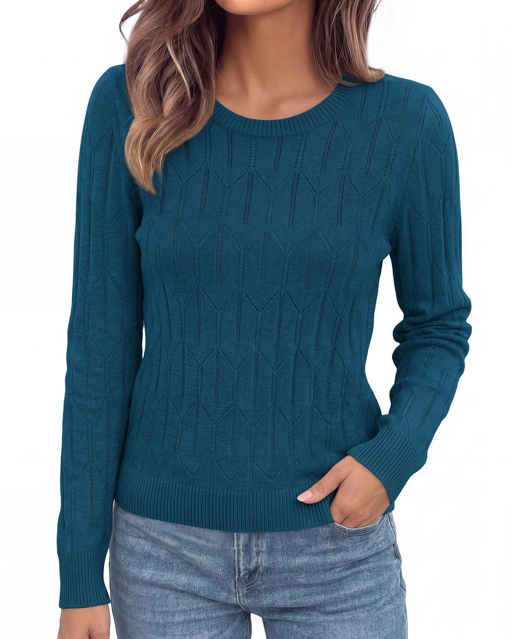 BTFBM Womens Sweaters Long Sleeve Crewneck Pullover Tops Dressy Casual Lightweight Knit Sweater,Small Hollow Out Boho Shirts, Fall Fashion,Winter Layer Basic Clothes,Business Casual Outfits