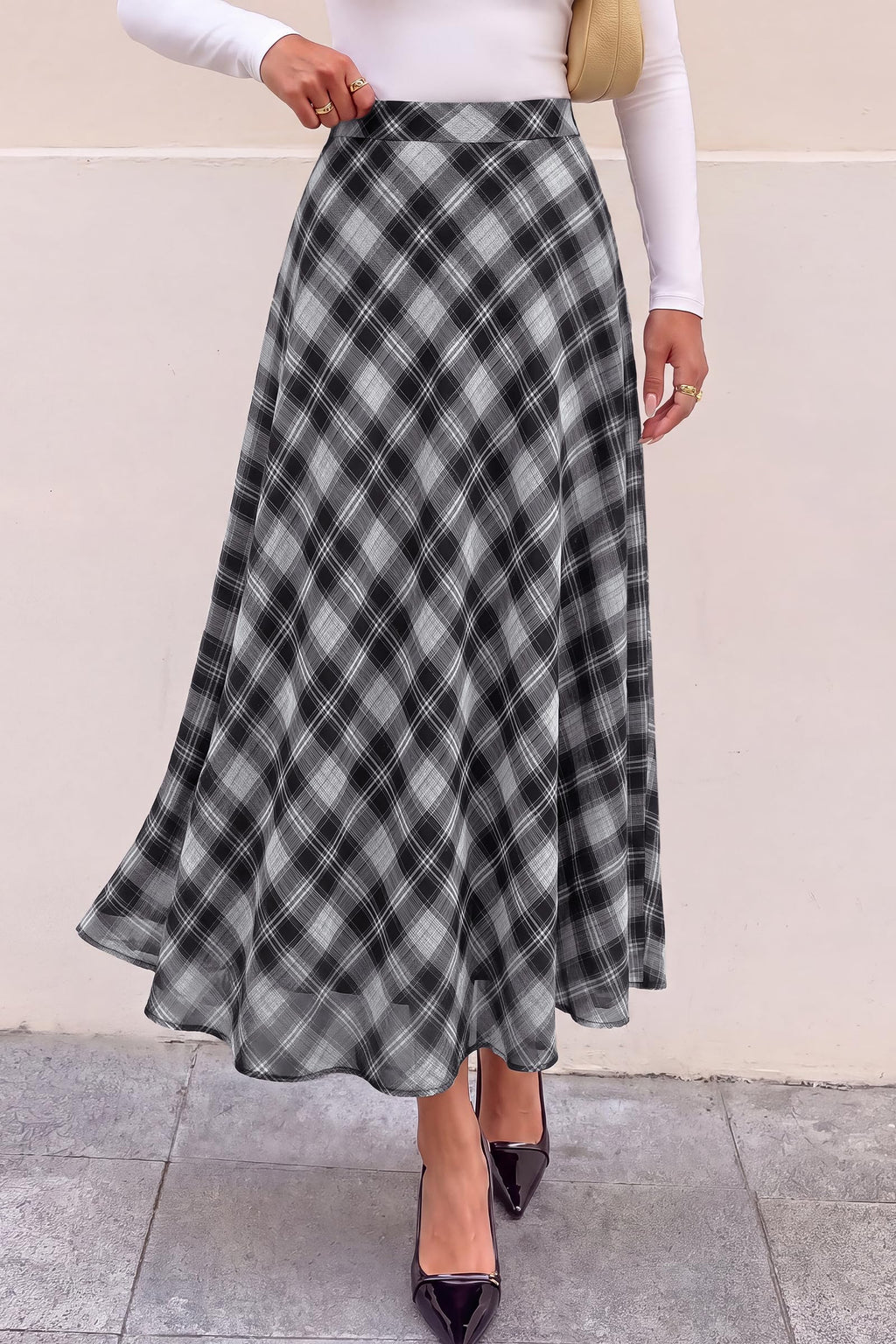 FreshPretty Casual A-Line Plaid Maxi Skirts for Women Trendy Fall Fashion Lightweight Chiffon Gingham Elastic Waist Long Skirt,Cute Winter Clothing,Spring Flowy Beach Vacation Clothes