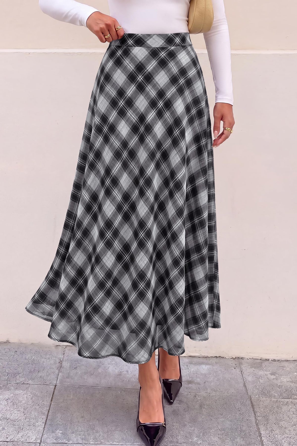 FreshPretty Casual A-Line Plaid Maxi Skirts for Women Trendy Fall Fashion Lightweight Chiffon Gingham Elastic Waist Long Skirt,Cute Winter Clothing,Spring Flowy Beach Vacation Clothes
