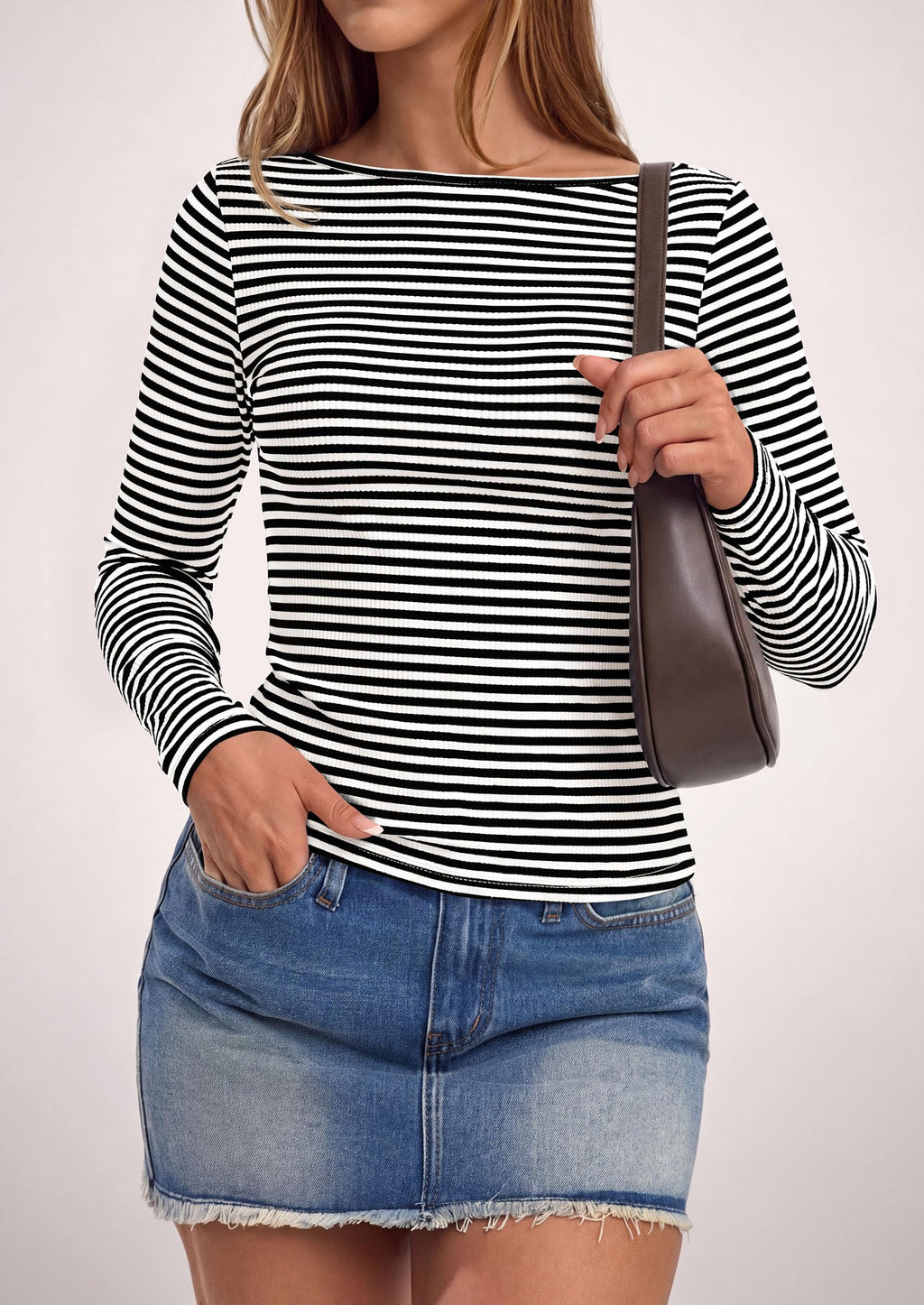 PRETTYGARDEN Long Sleeve Striped Shirts for Women Soft Ribbed Knit ,Y2k Tshirt,Slim Fit Layering,Cute Tops,Basic Tee,Business Casual Outfits,Spring Fall Trendy Clothes