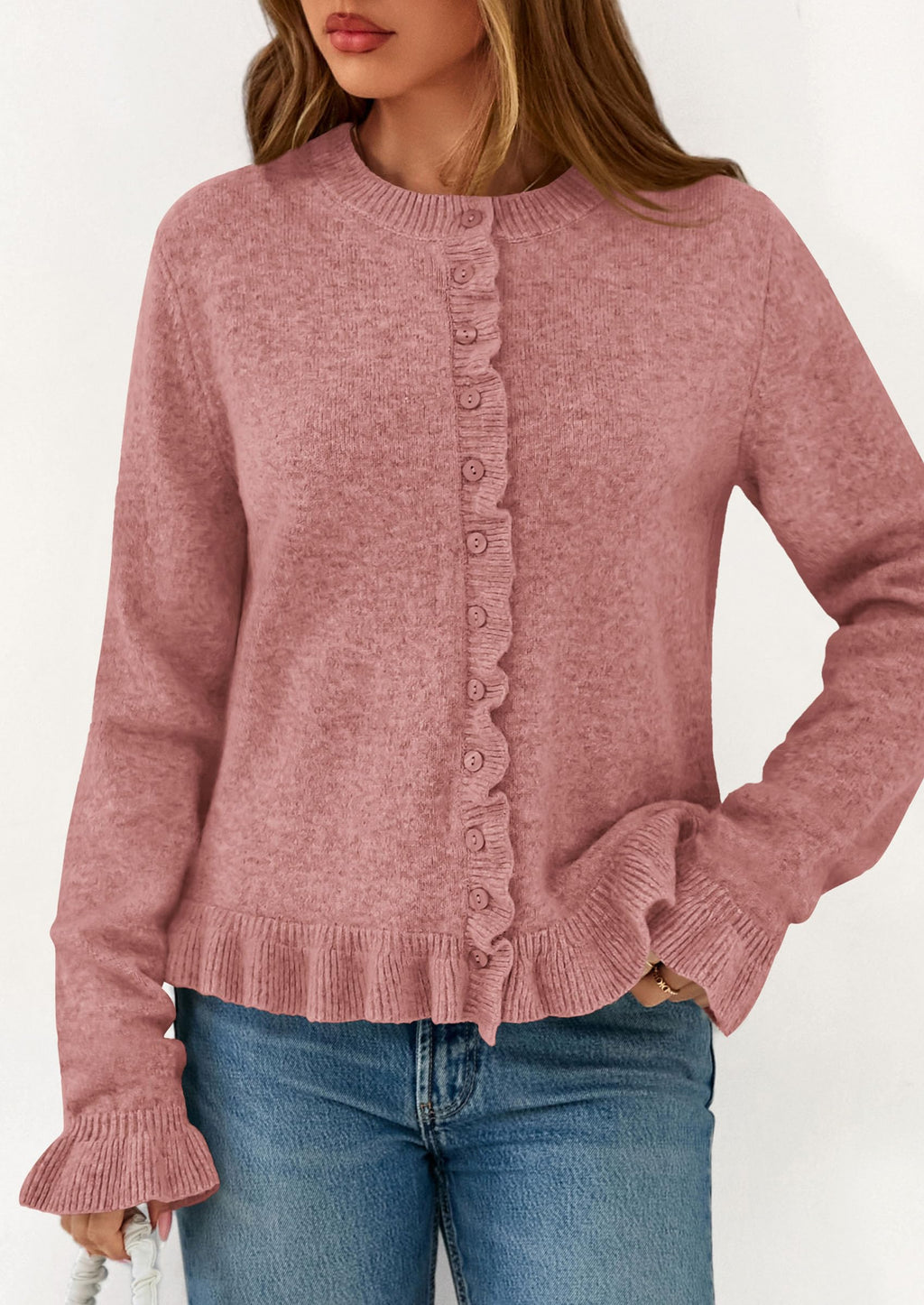 PRETTYGARDEN Womens Fall Button Down Cardigans Chunky Knit Ruffle Open Front Cropped Cardigan Sweaters Soft Long Sleeve Tops