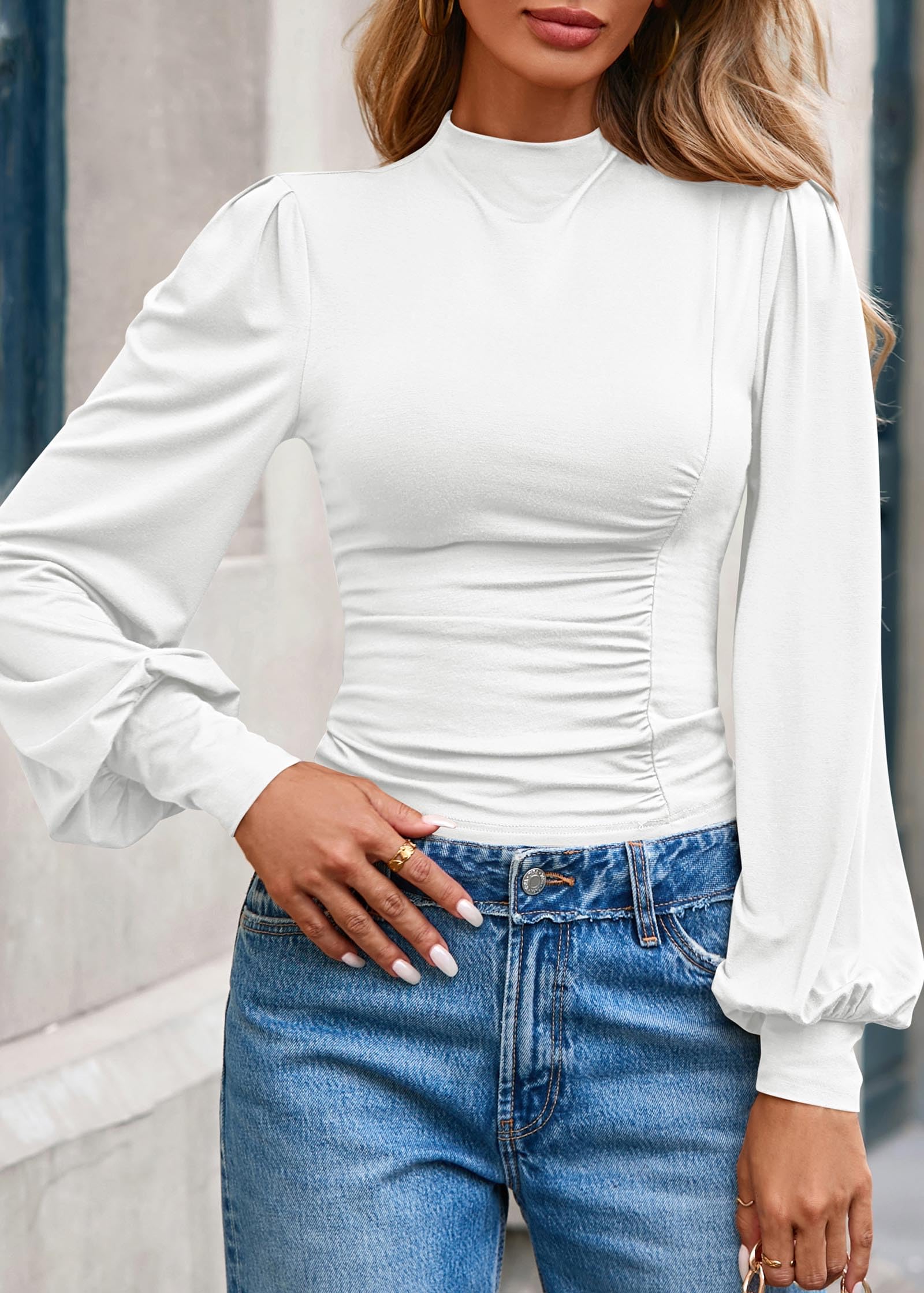 FreshPretty Blouses for Women Dressy Casual Spring Tops Fall Puff Long Sleeve Shirts Fitted Mock Neck Ruched Trendy Tops