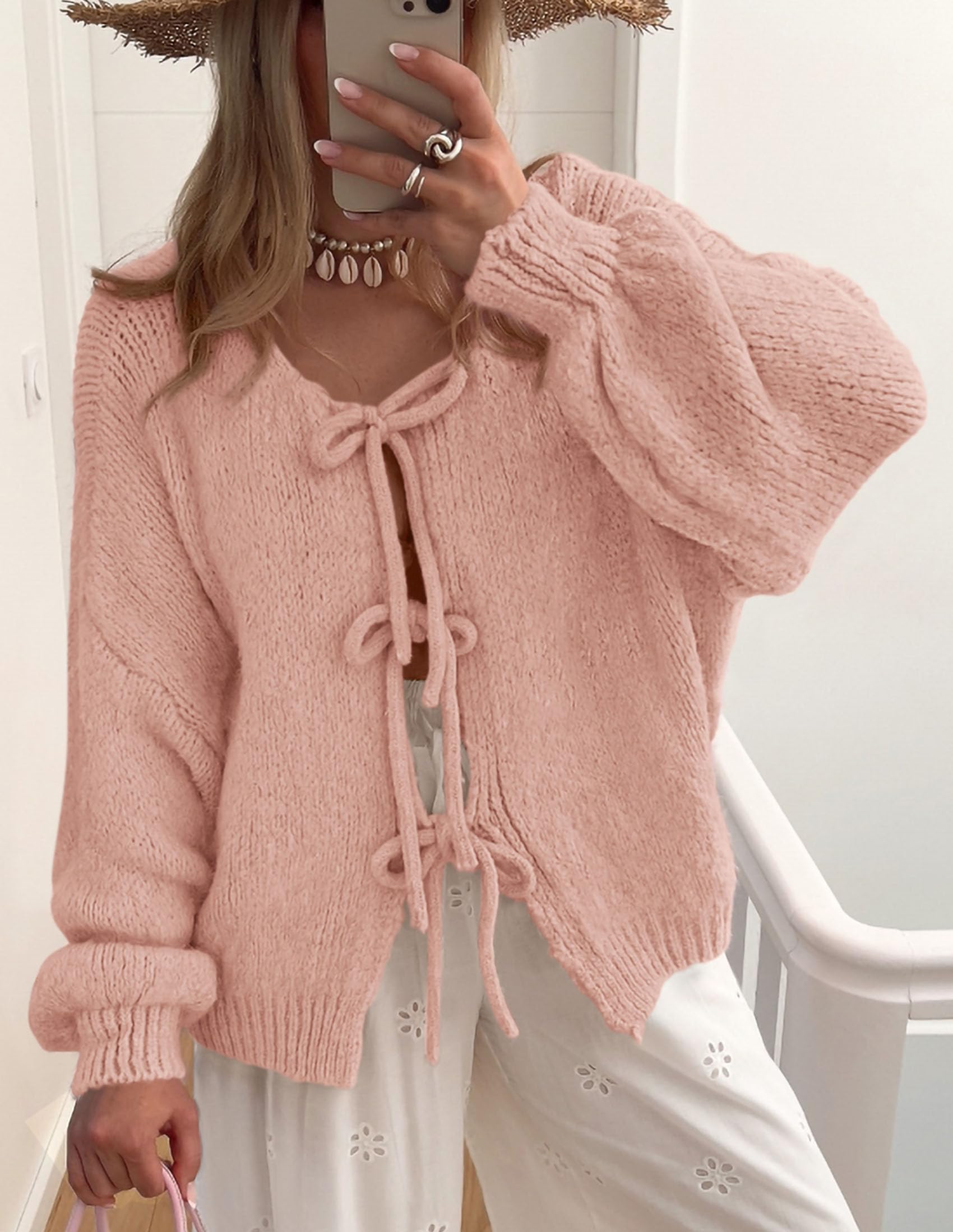 PRETTYGARDEN Women's Tie Front Bow Cardigan Sweaters Chunky Knit Long Puff Sleeve Trendy Fall Winter Jacket Coat