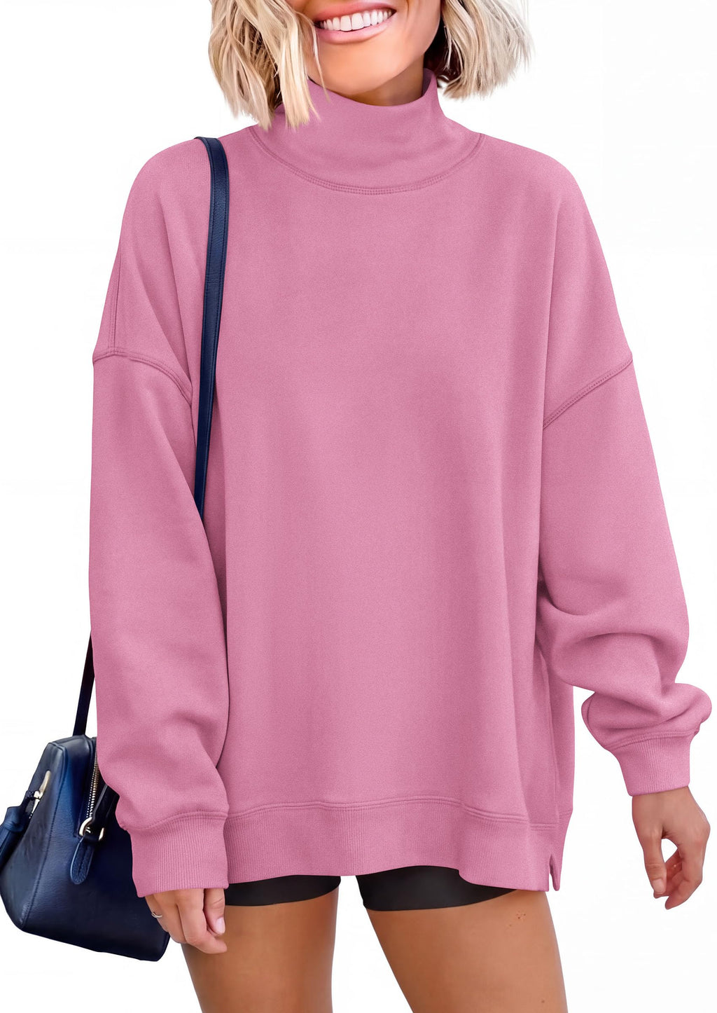 PRETTYGARDEN Womens Mock Neck Sweatshirt Oversized Pullover Loose Fit,Side Pockets,Long Sleeve Drop Shoulder Tops,Casual Lounge Work Travel Airport Outfits,Fall Fashion Winter Clothes