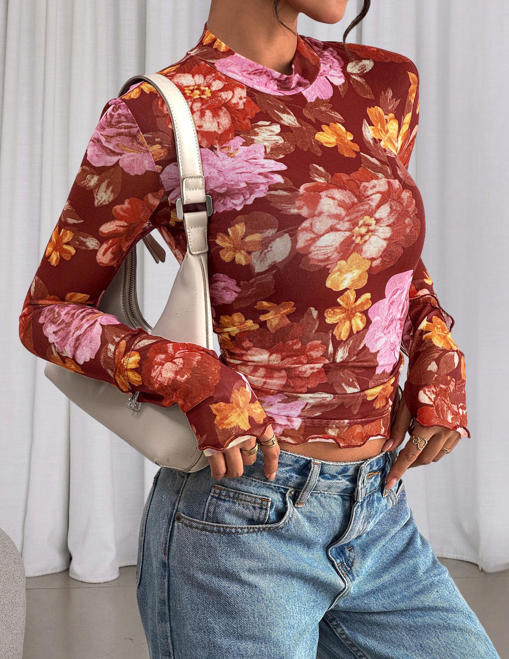 PRETTYGARDEN Womens Fall Mesh Floral Blouses Long Sleeve Going Out Tops Slim Fitted Shirts Date Night Outfits