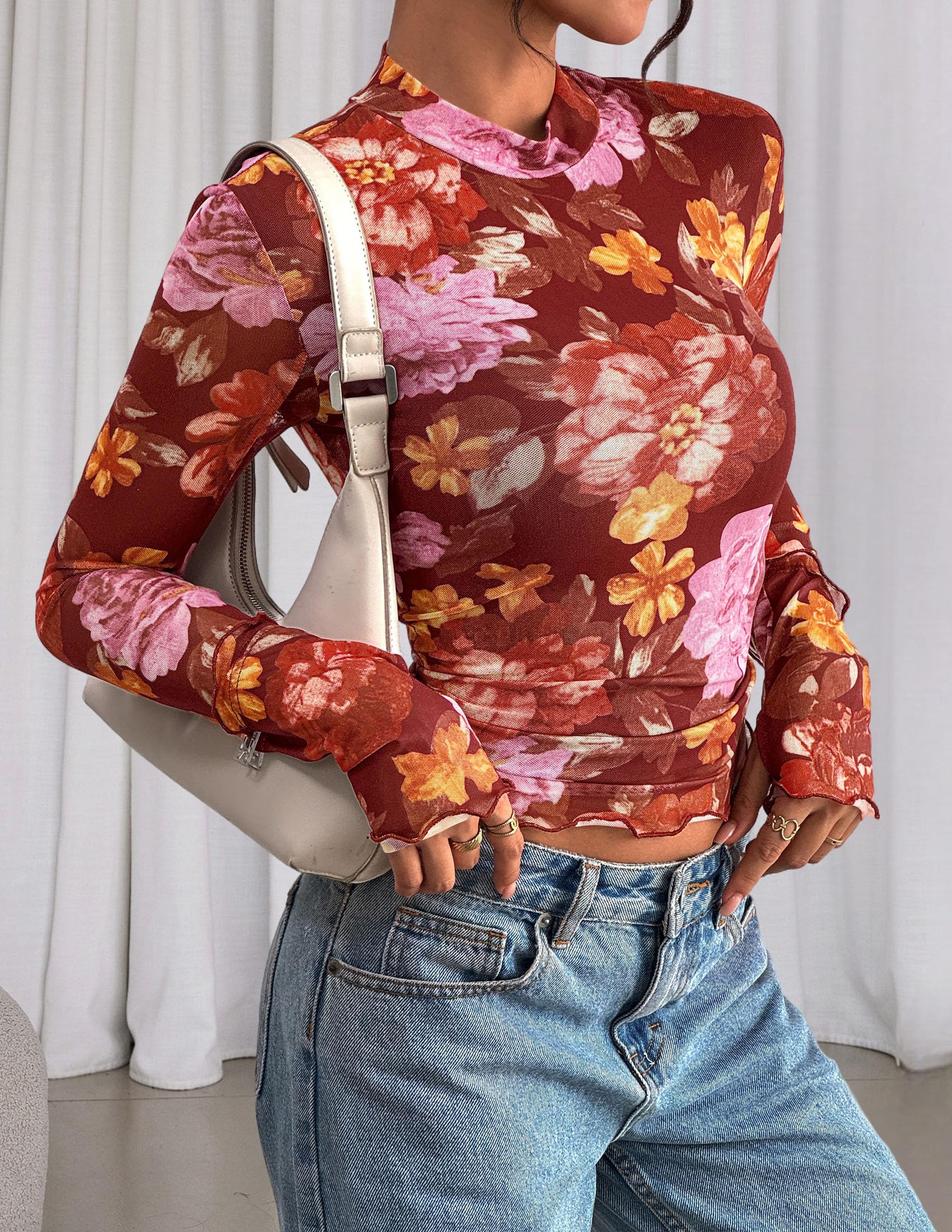 PRETTYGARDEN Womens Fall Mesh Floral Blouses Long Sleeve Going Out Tops Slim Fitted Shirts Date Night Outfits