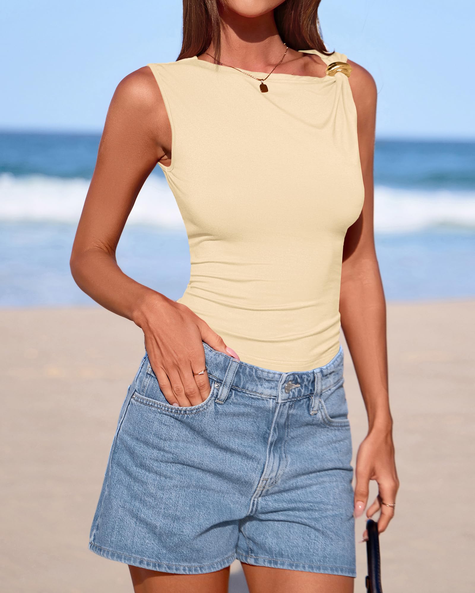 FreshPretty Spring Tops for Women Asymmetrical Neck Sleeveless Going Out Summer Outfits Casual Ruched Y2k Tank Top Clothes