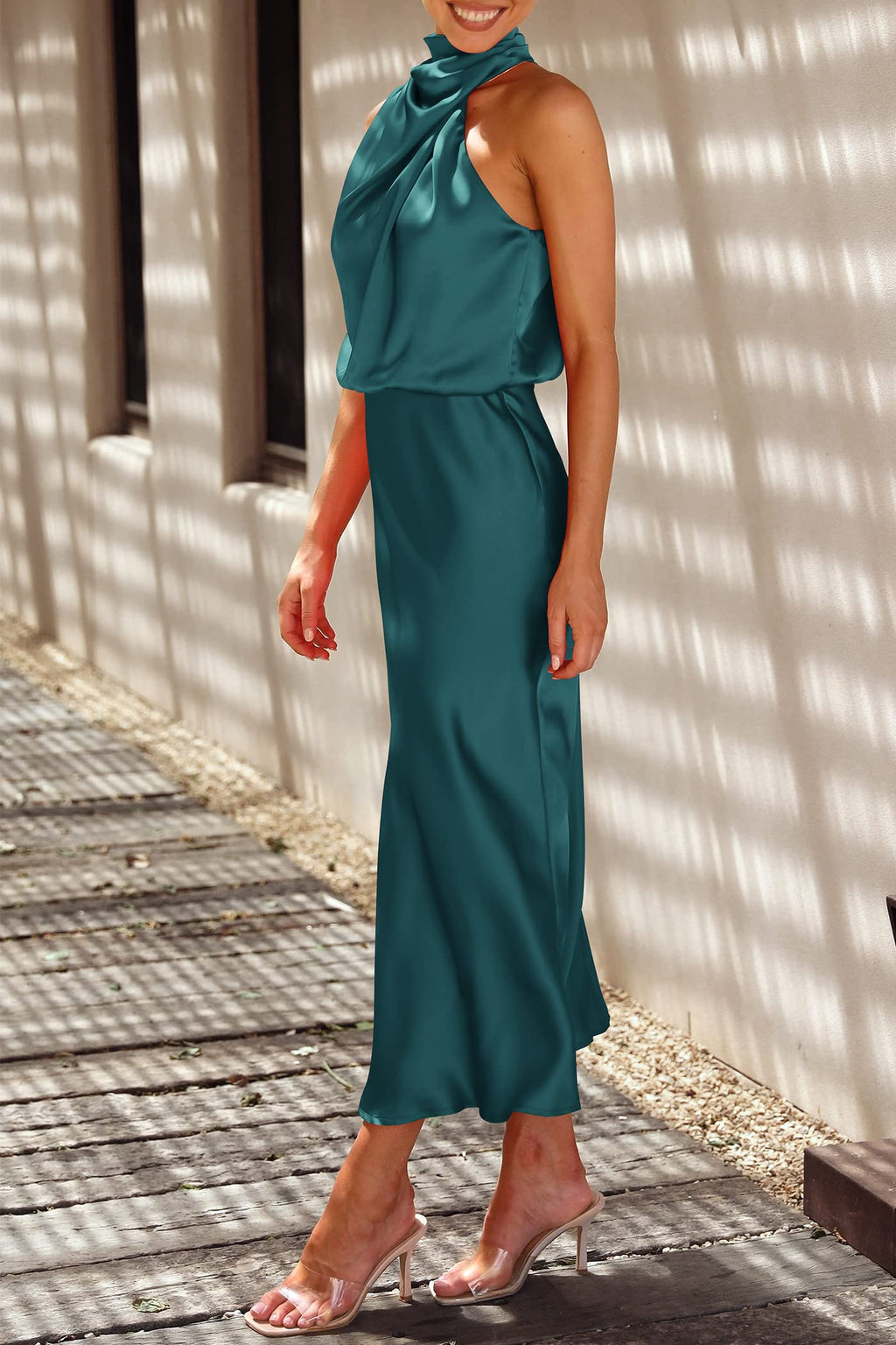 PRETTYGARDEN Women's Summer Satin Dress Elegant Sleeveless Mock Neck Cocktail Party Maxi Dresses
