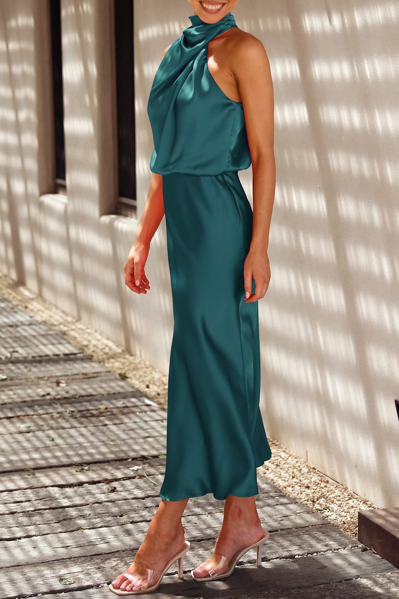 PRETTYGARDEN Women's Summer Satin Dress Elegant Sleeveless Mock Neck Cocktail Party Maxi Dresses