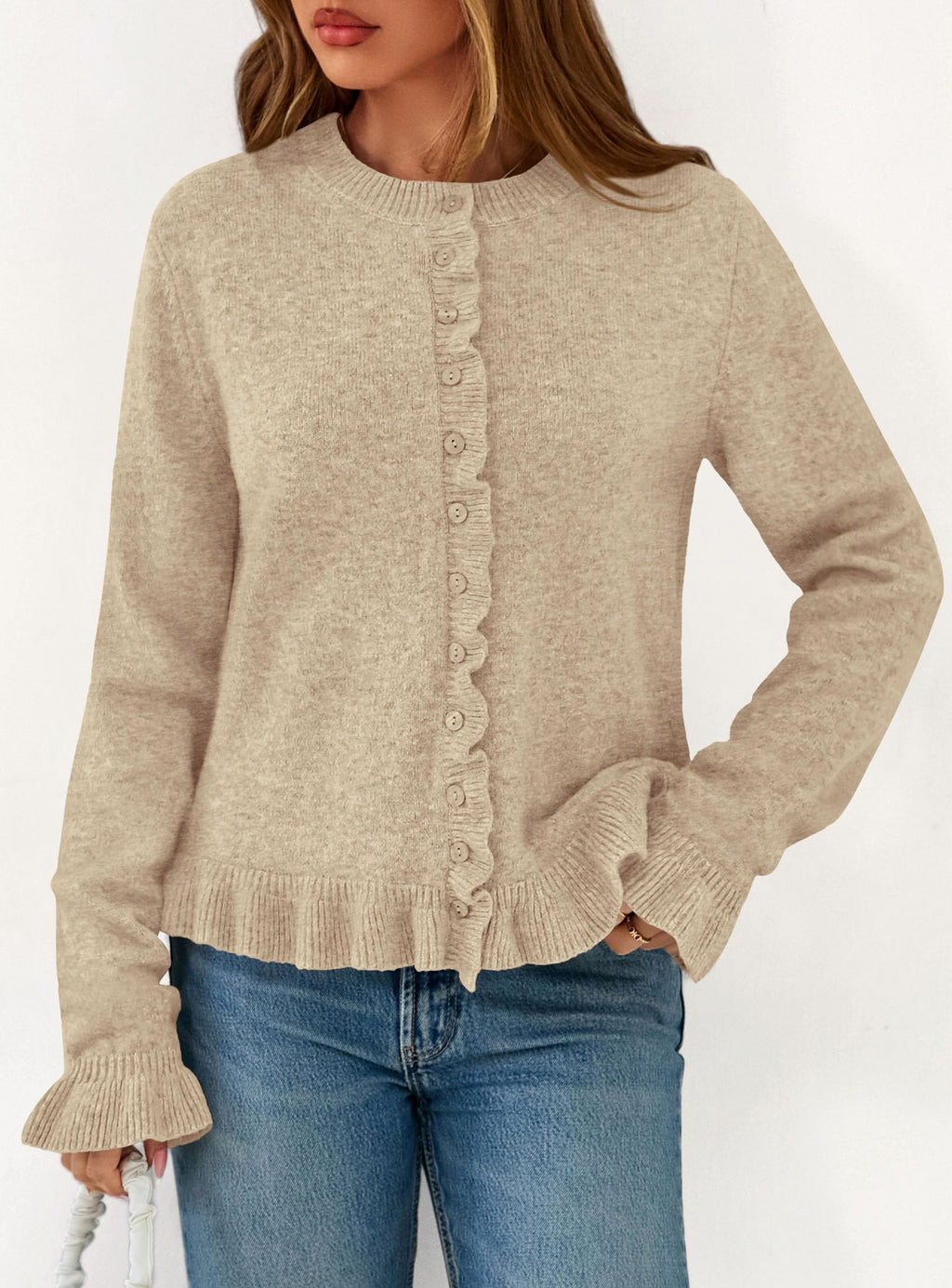 PRETTYGARDEN Womens Fall Button Down Cardigans Chunky Knit Ruffle Open Front Cropped Cardigan Sweaters Soft Long Sleeve Tops