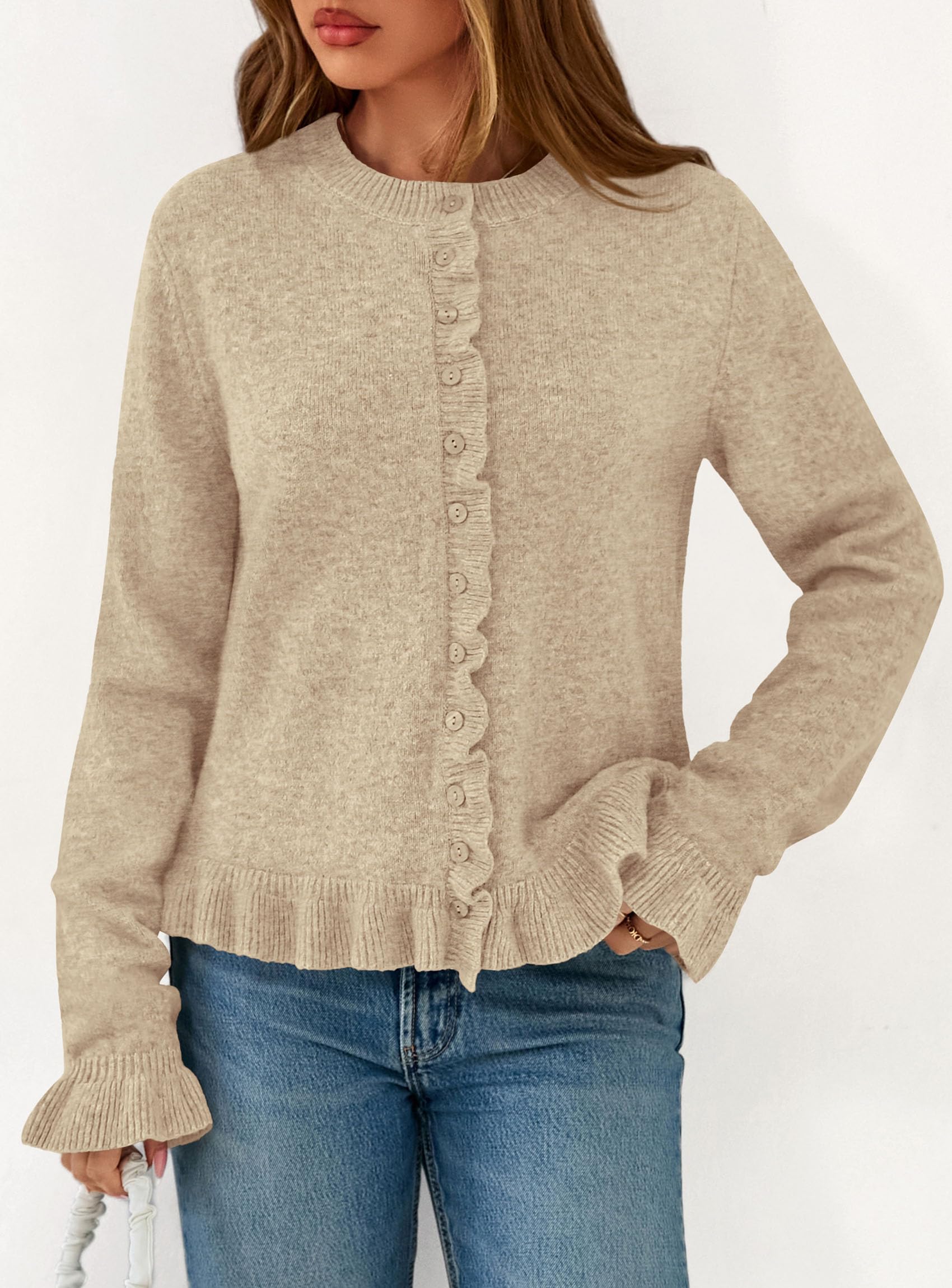 PRETTYGARDEN Womens Fall Button Down Cardigans Chunky Knit Ruffle Open Front Cropped Cardigan Sweaters Soft Long Sleeve Tops