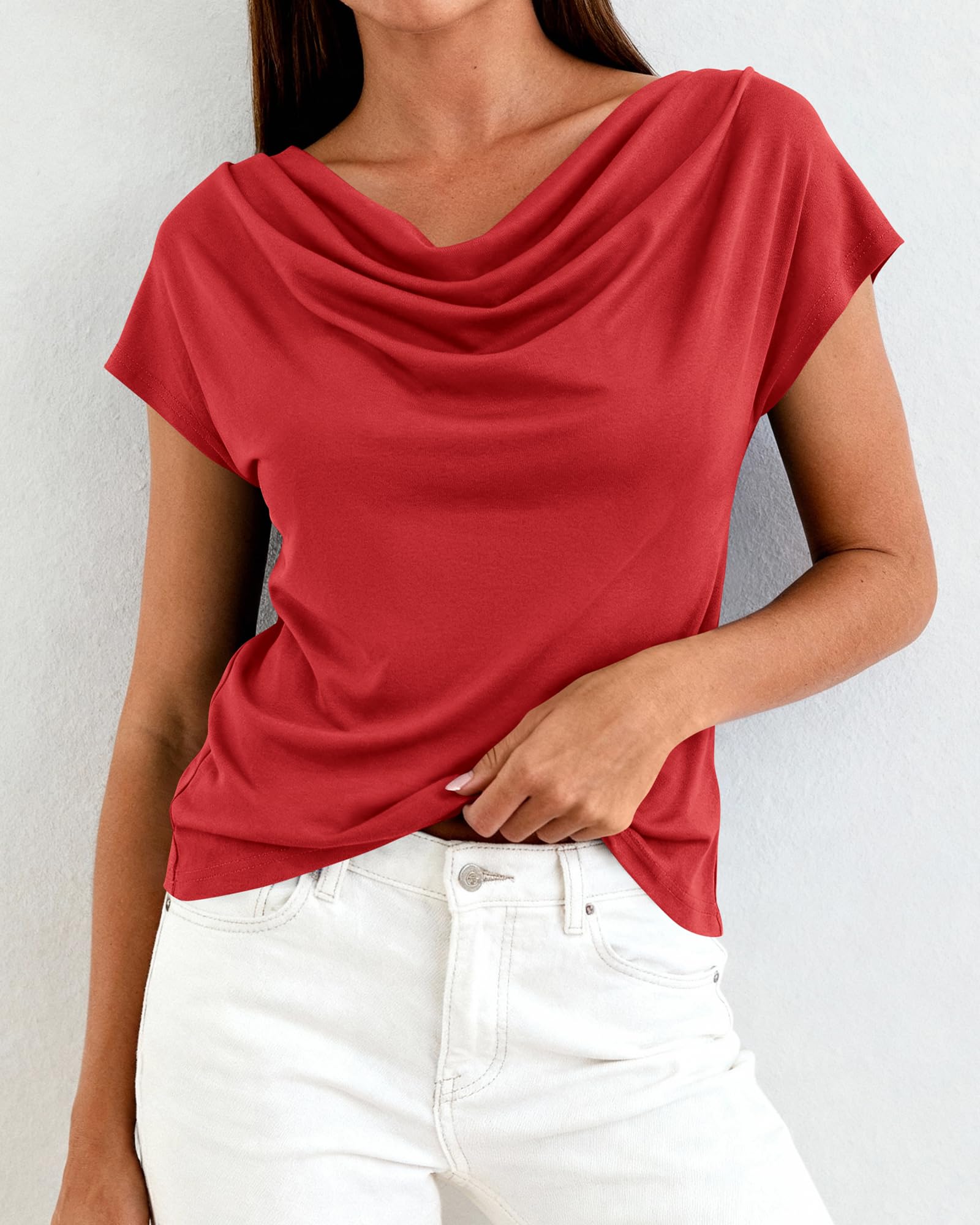 FreshPretty Blouses for Women Dressy Casual Spring Summer Tops Cowl Neck Short Sleeve Shirts Work Office Business Outfits