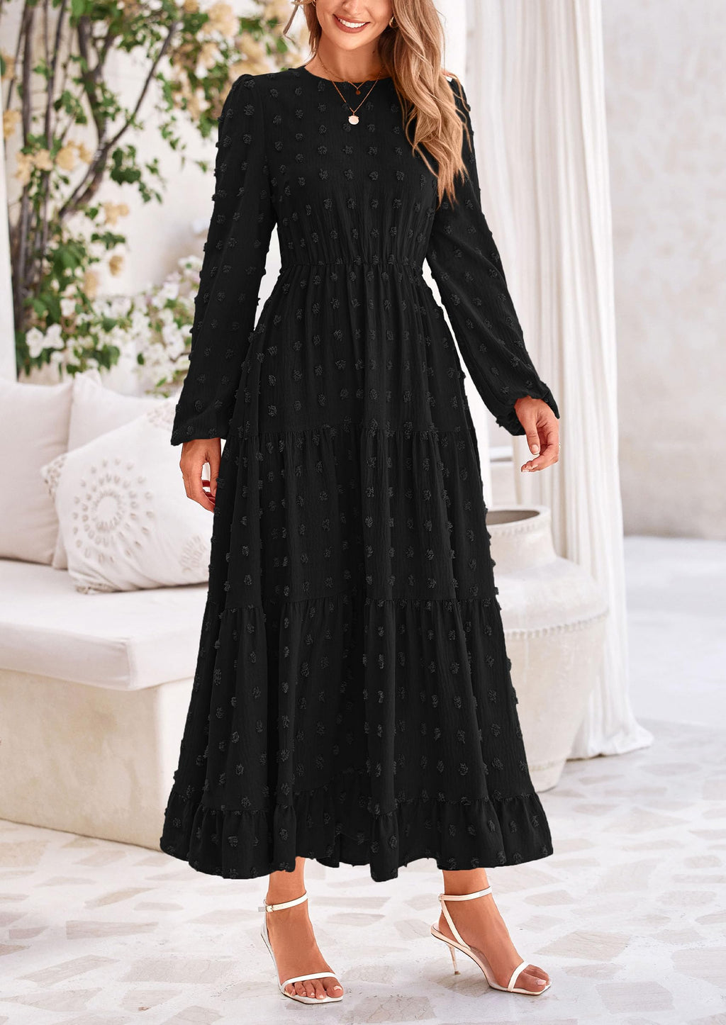 PRETTYGARDEN Women's Fall Spring Elegant Long Sleeve Maxi Dress Swiss Dot A Line Flowy Casual Holiday Party Going Out Dresses