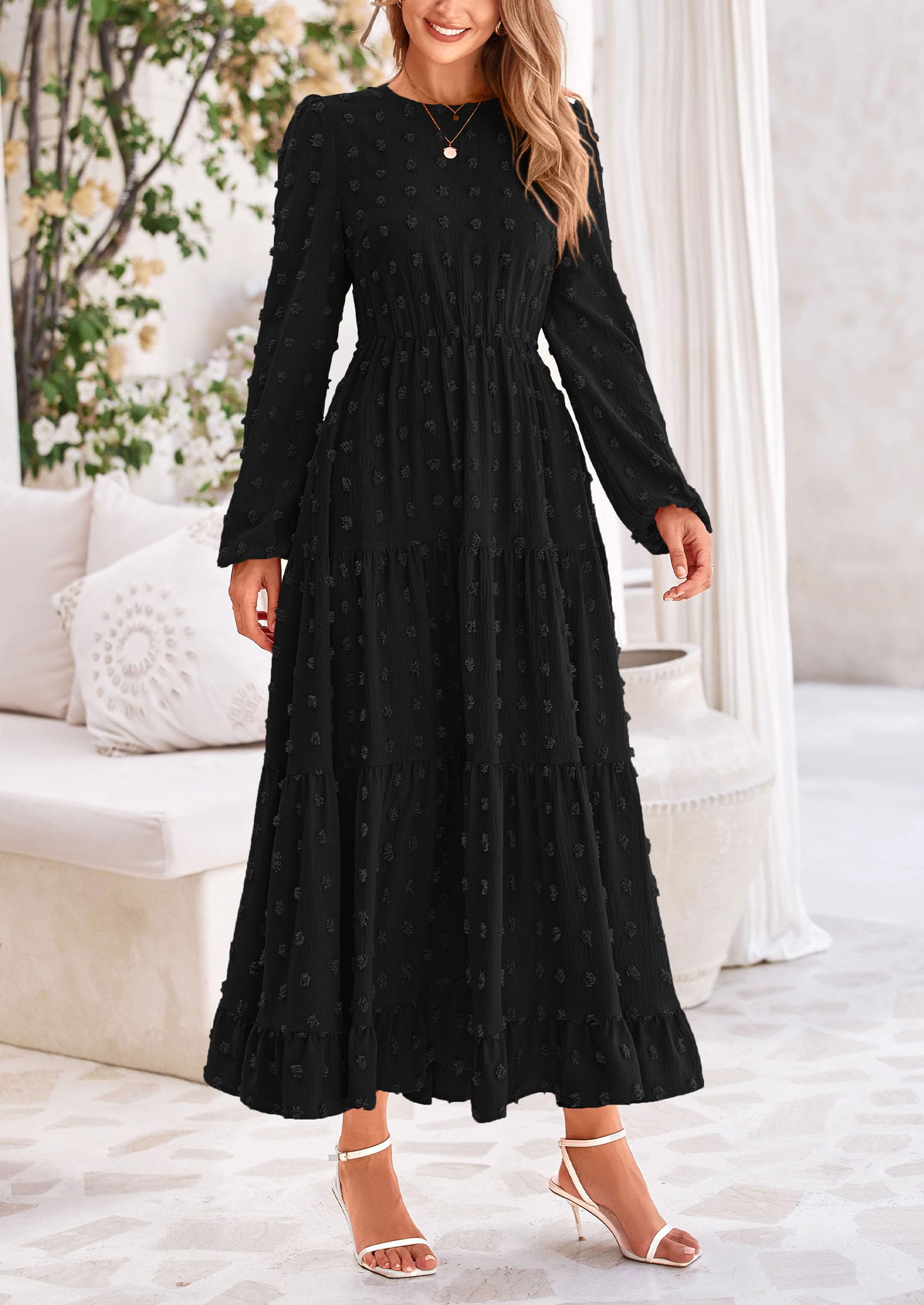 PRETTYGARDEN Women's Fall Spring Elegant Long Sleeve Maxi Dress Swiss Dot A Line Flowy Casual Holiday Party Going Out Dresses
