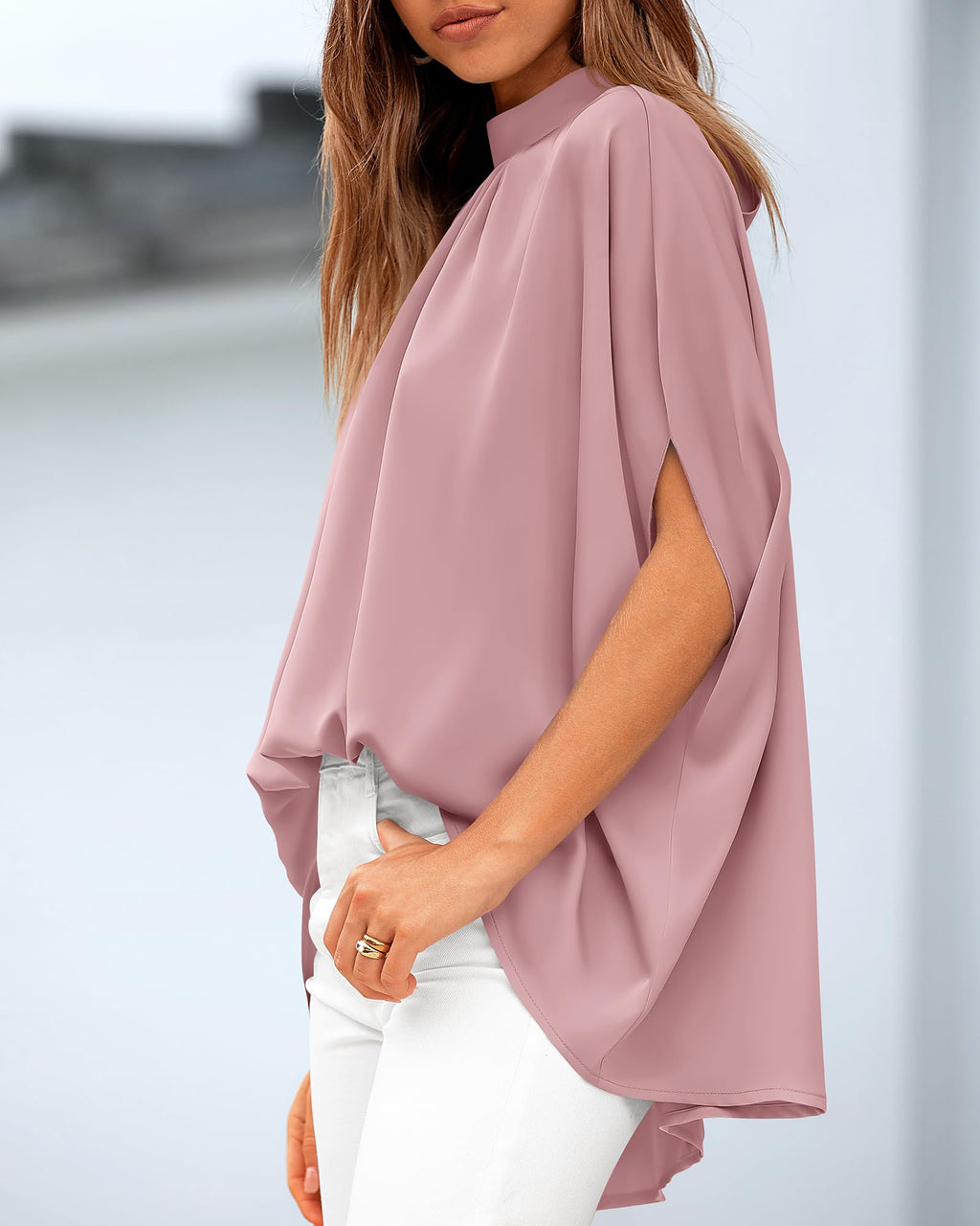 BTFBM Womens Summer Tops Mock Neck Batwing Sleeve Silk Satin Shirts Loose Oversized Dressy Casual Spring Blouses