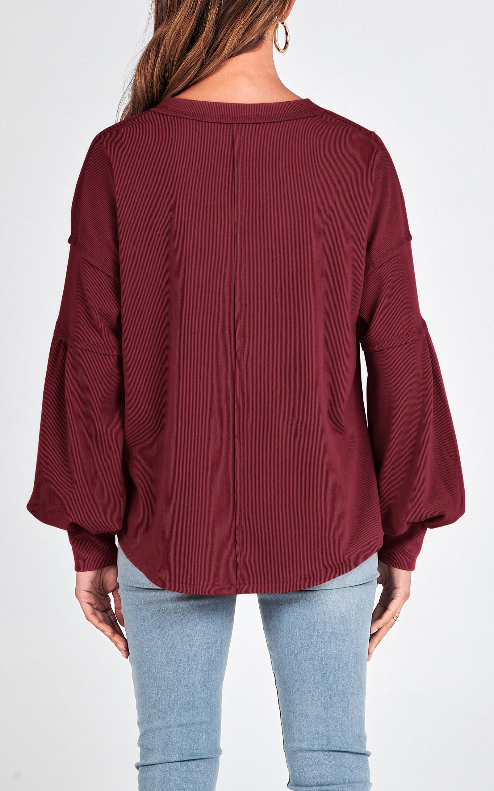 FreshPretty Womens Fall Fashion Long Sleeve Shirts Casual V Neck Ribbed Knit Blouses Pullover Trendy Loose Fit Tunic Tops