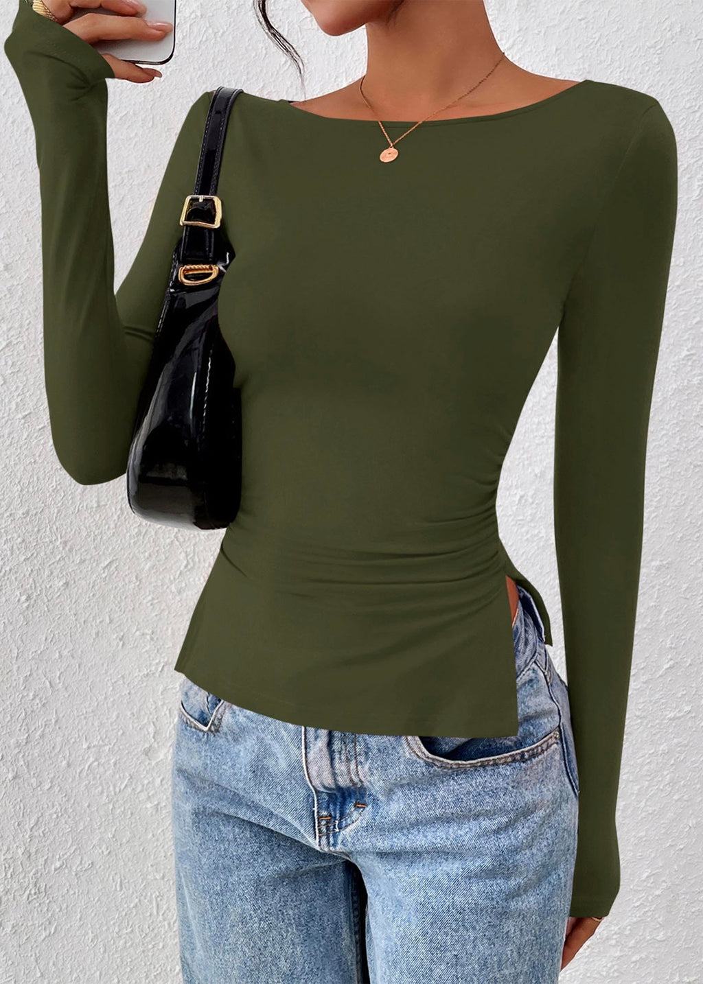 FreshPretty Long Sleeve Shirts for Women Fall Casual Boat Neck Knit Workout Going Out Tops Fitted Side Slit Basic Tees