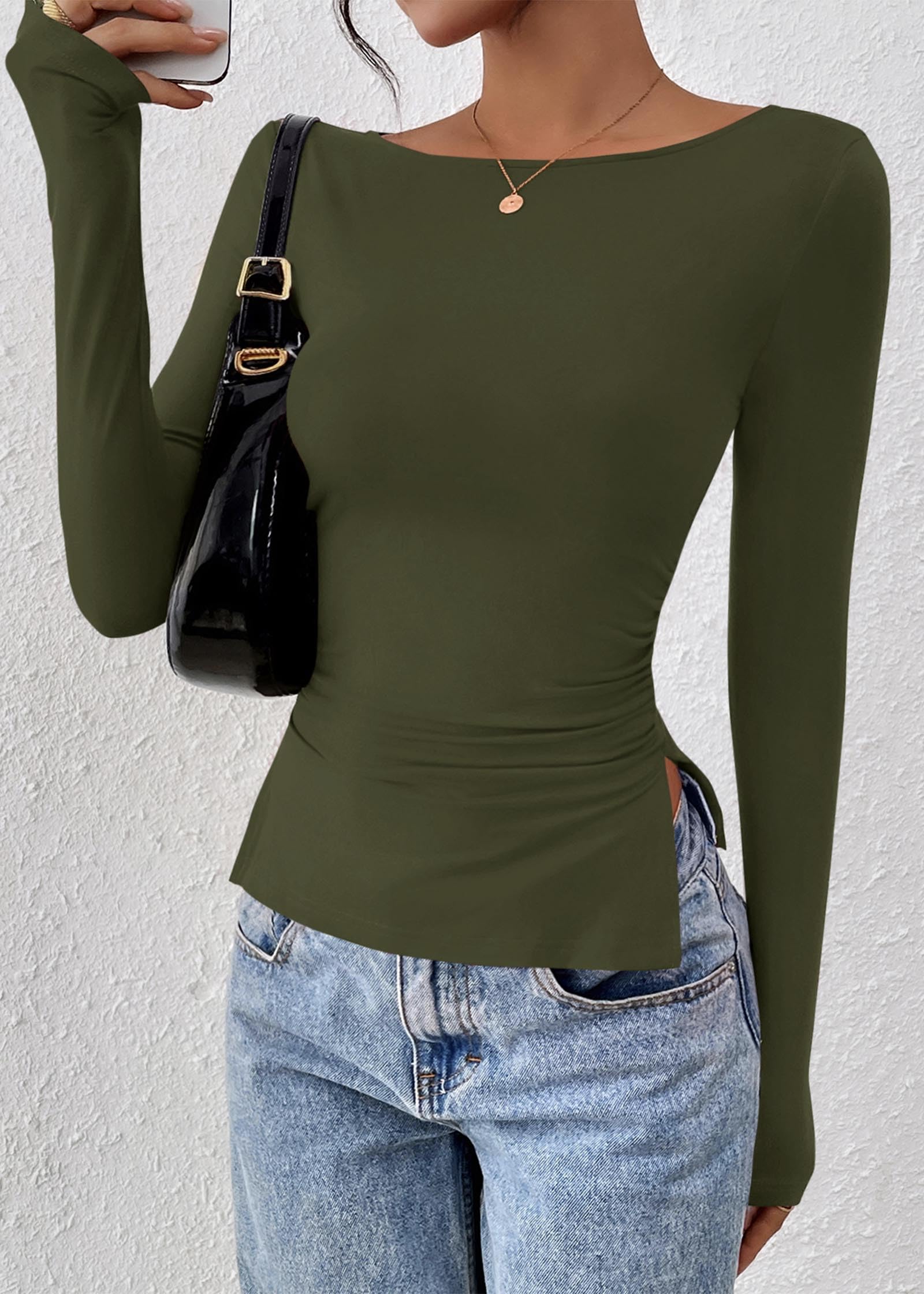 FreshPretty Long Sleeve Shirts for Women Fall Casual Boat Neck Knit Workout Going Out Tops Fitted Side Slit Basic Tees