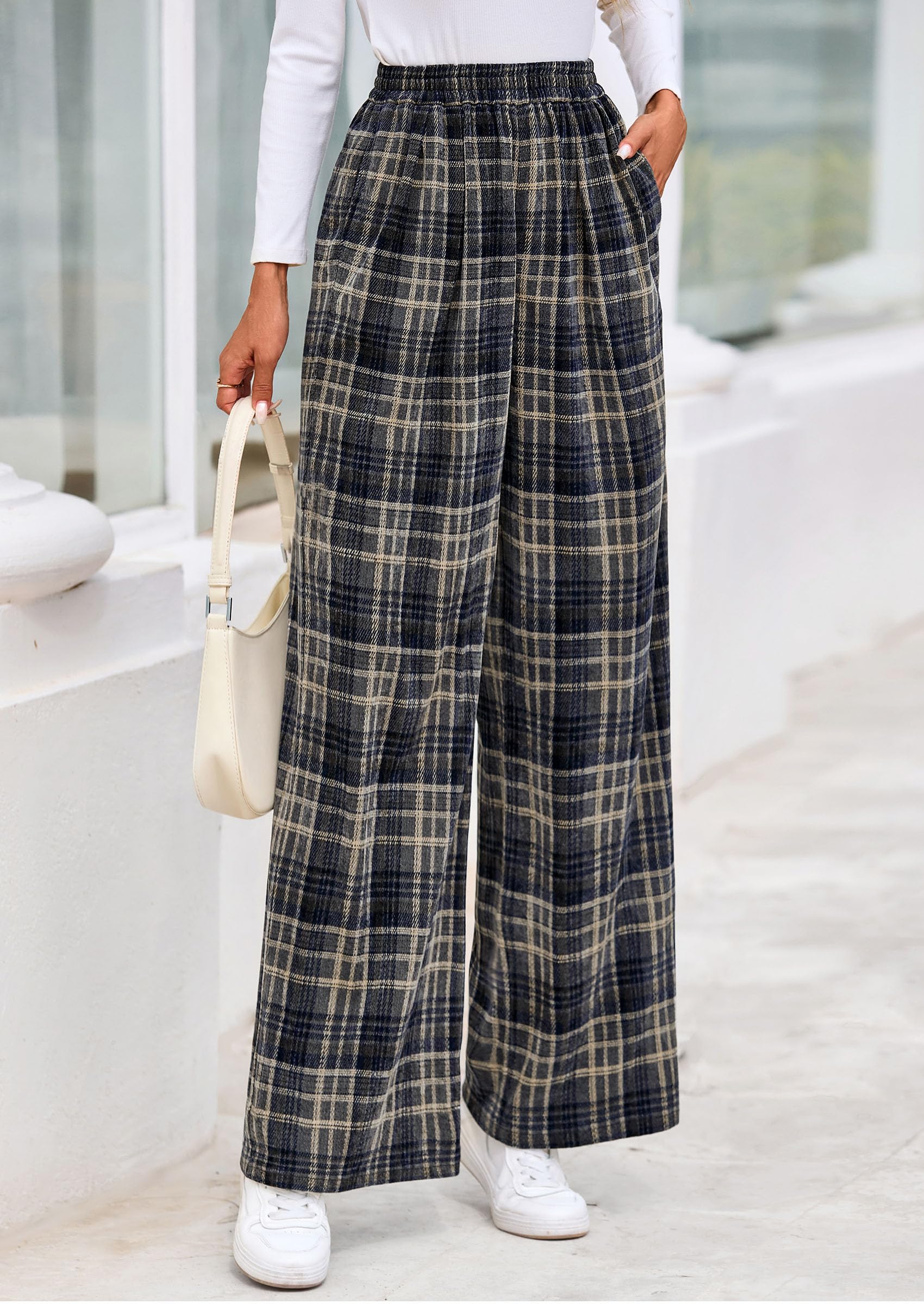 PRETTYGARDEN Casual Women's Pants Elastic Waist Palazzo Long Pajama Wide Leg Trousers Knit Fall Outfits with Pockets