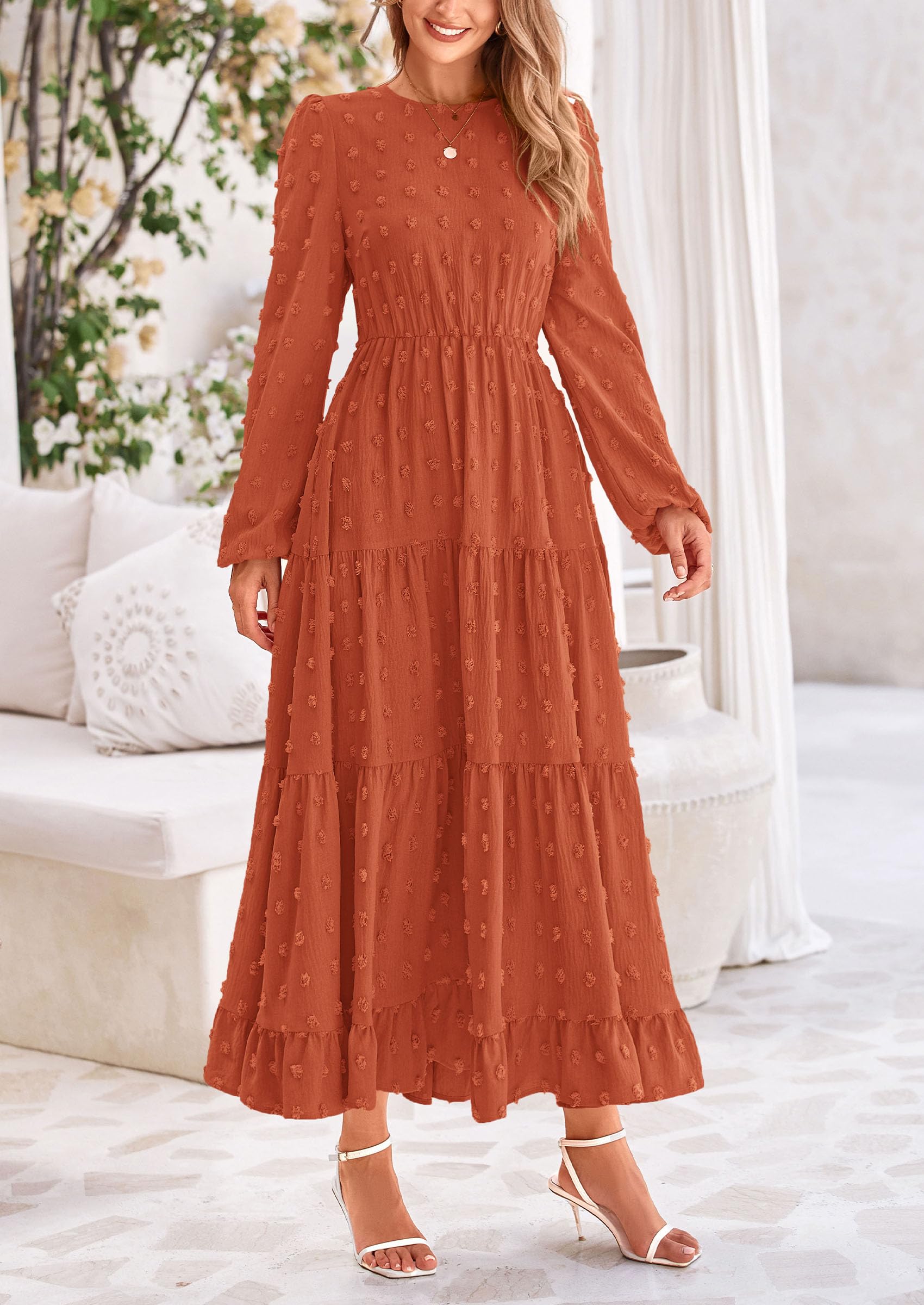 PRETTYGARDEN Women's Fall Spring Elegant Long Sleeve Maxi Dress Swiss Dot A Line Flowy Casual Holiday Party Going Out Dresses