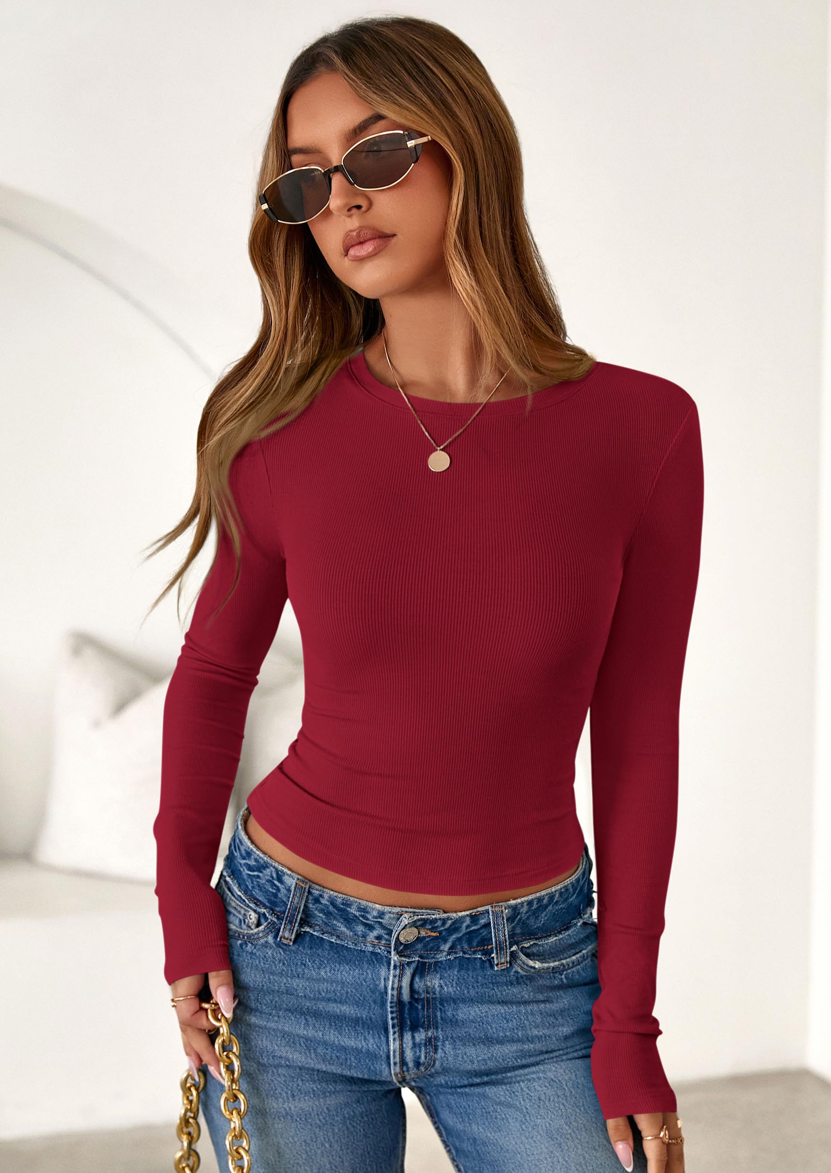 PRETTYGARDEN Women Fall Clothes Long Sleeve Shirts Ribbed Knit Fitted Basic Tee Going Out Tops Underscrub Casual Outfits