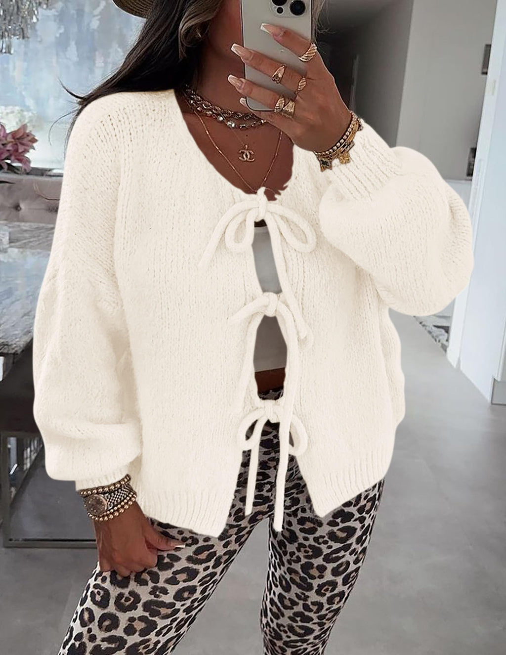 PRETTYGARDEN Women's Tie Front Bow Cardigan Sweaters Chunky Knit Long Puff Sleeve Trendy Fall Winter Jacket Coat