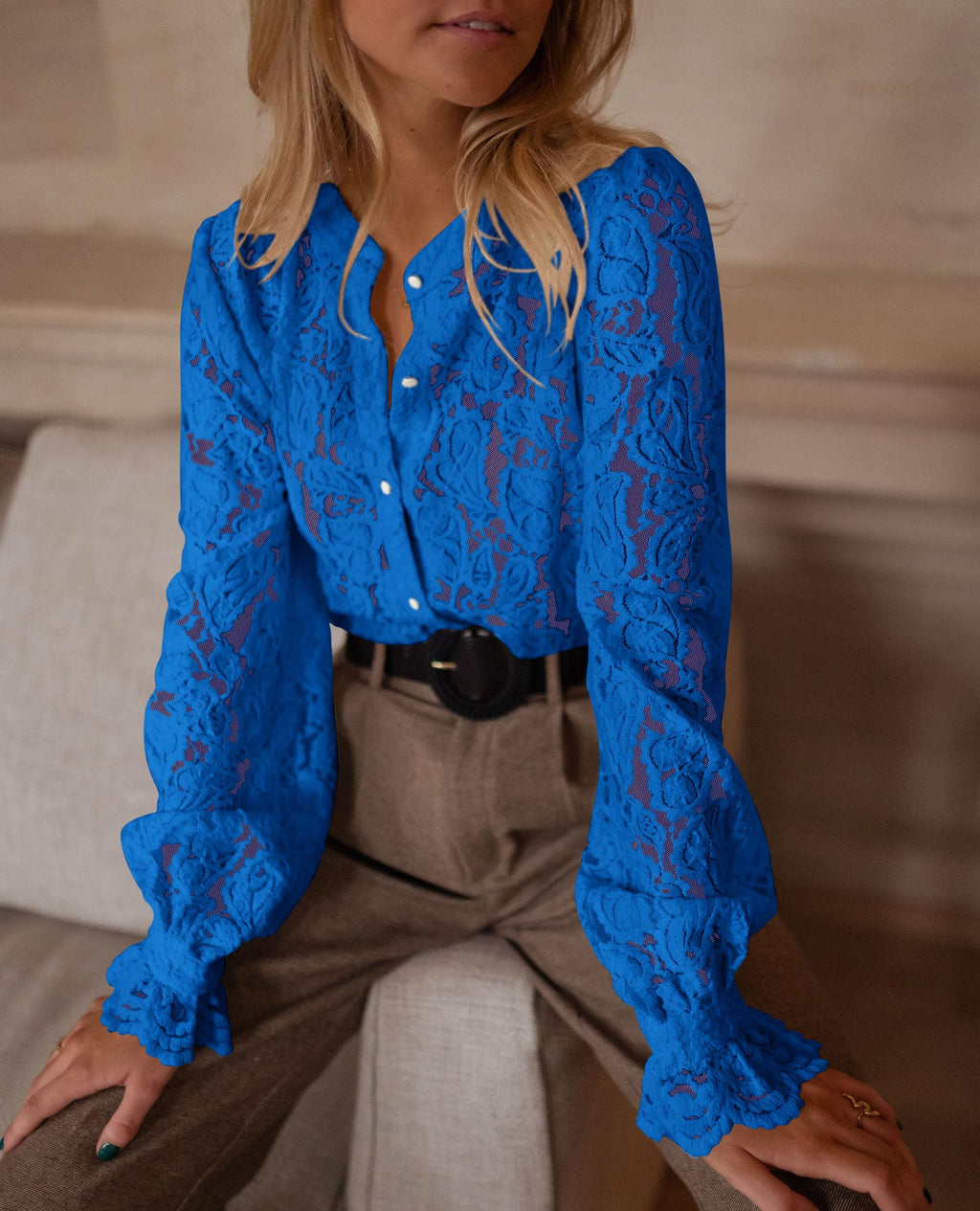 PRETTYGARDEN Women's Dressy Casual Lace Blouse Long Sleeve Button Up Shirts Tops Spring Fall Fashion Clothes