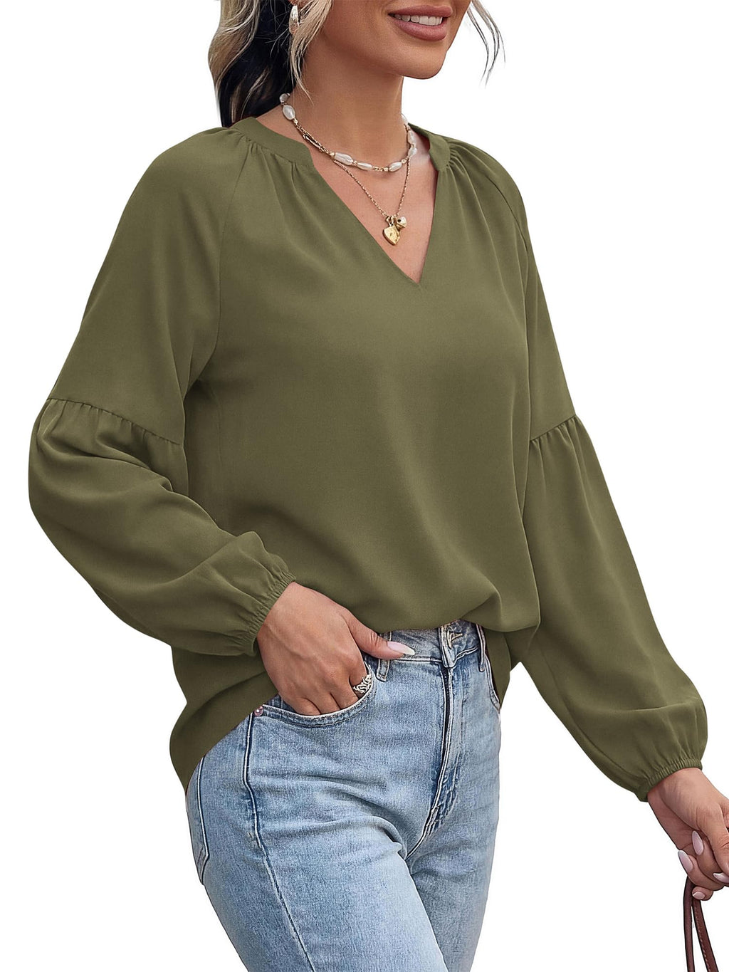 BTFBM Blouses for Women Dressy Casual Boho Tops V Neck Lightweight Long Sleeve Shirts Spring Clothes