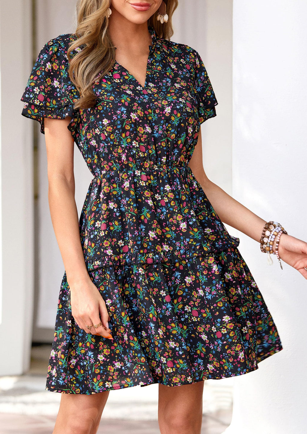 PRETTYGARDEN Womens Summer Floral Mini Dress  Trendy Ruffle Short Sleeve V Neck Flowy A Line Short Beach Dresses