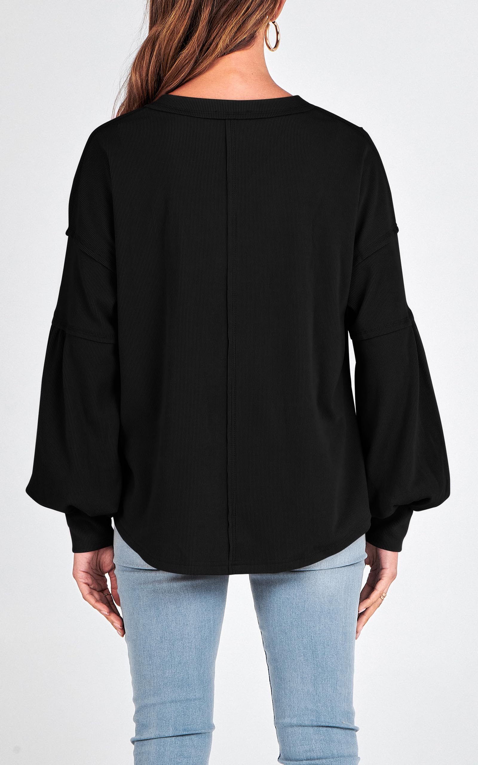 FreshPretty Womens Fall Fashion Long Sleeve Shirts Casual V Neck Ribbed Knit Blouses Pullover Trendy Loose Fit Tunic Tops