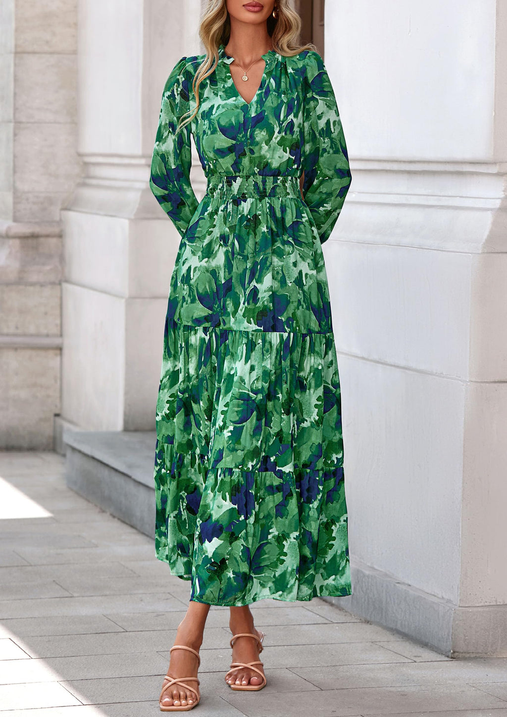 PRETTYGARDEN Women's Floral Maxi Dress Fall Long Sleeve V Neck Casual A Line Long Flowy Boho Party Dresses