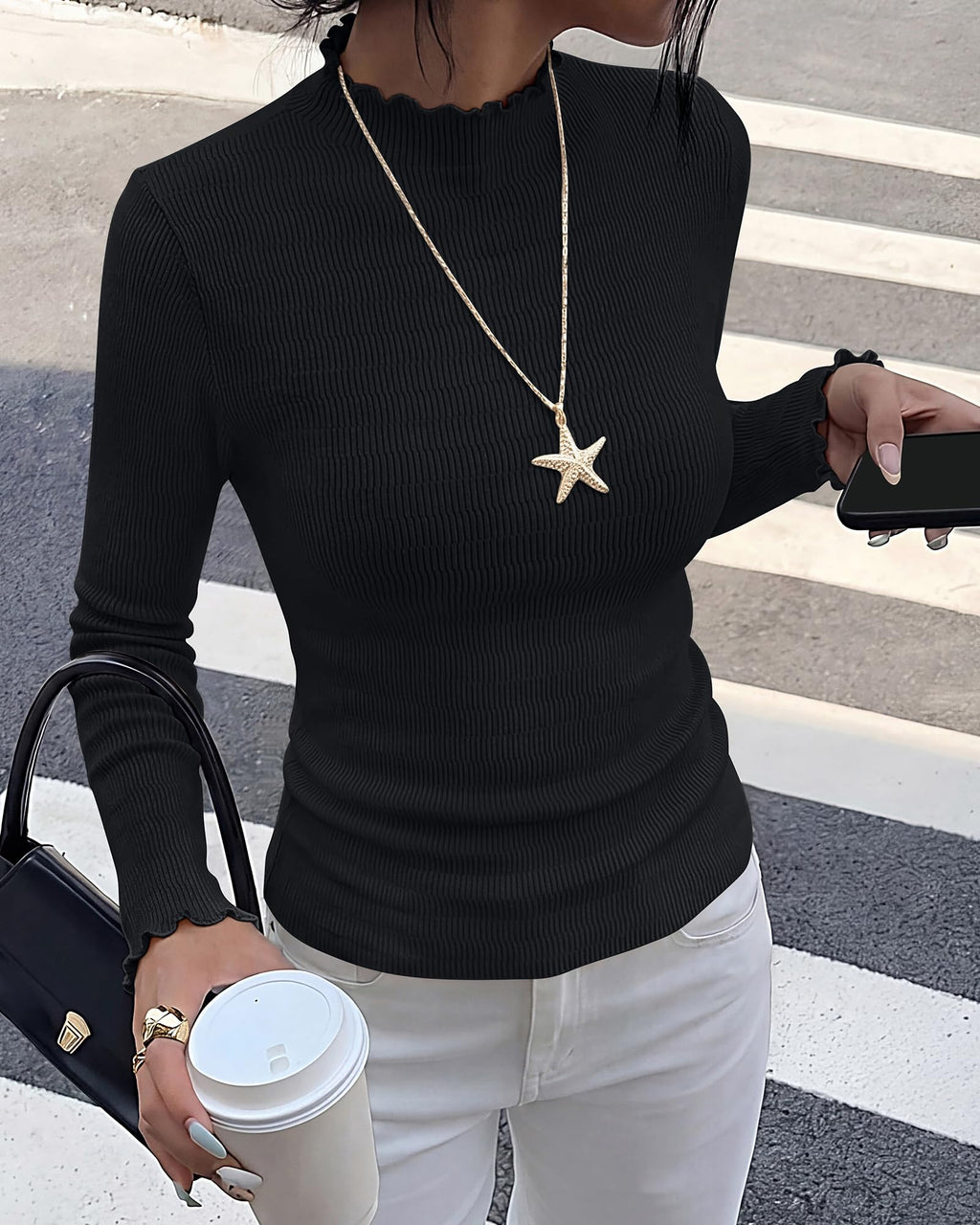 BTFBM Womens Fall Sweaters Trendy Lightweight Ruffle Mock Neck Tops Lettuce Trim Long Sleeve Top,Ribbed Knit Dressy Blouse,Slim Fitted Thermal Shirts,Fashion Clothing,Christmas Winter Outfits