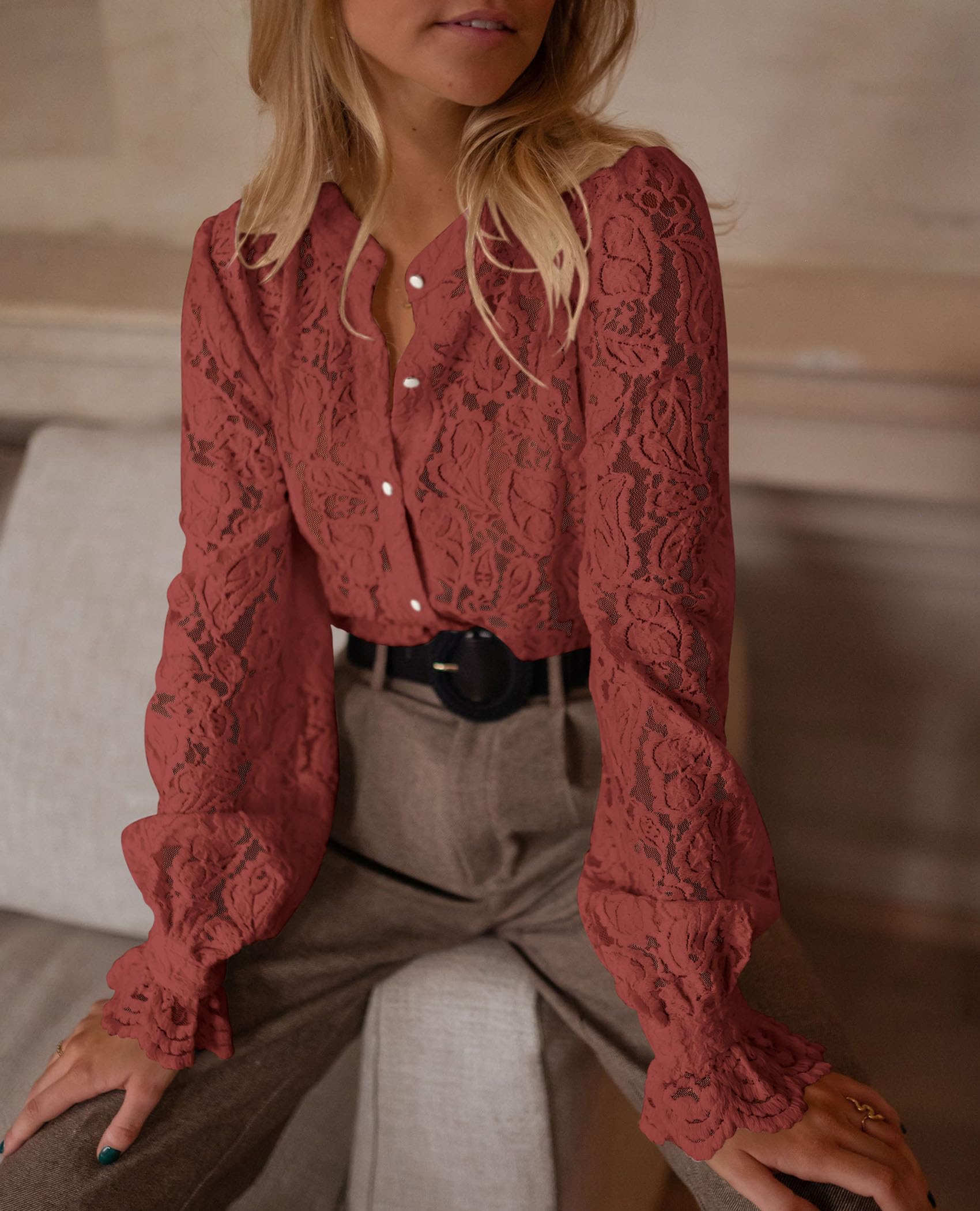 PRETTYGARDEN Women's Dressy Casual Lace Blouse Long Sleeve Button Up Shirts Tops Spring Fall Fashion Clothes