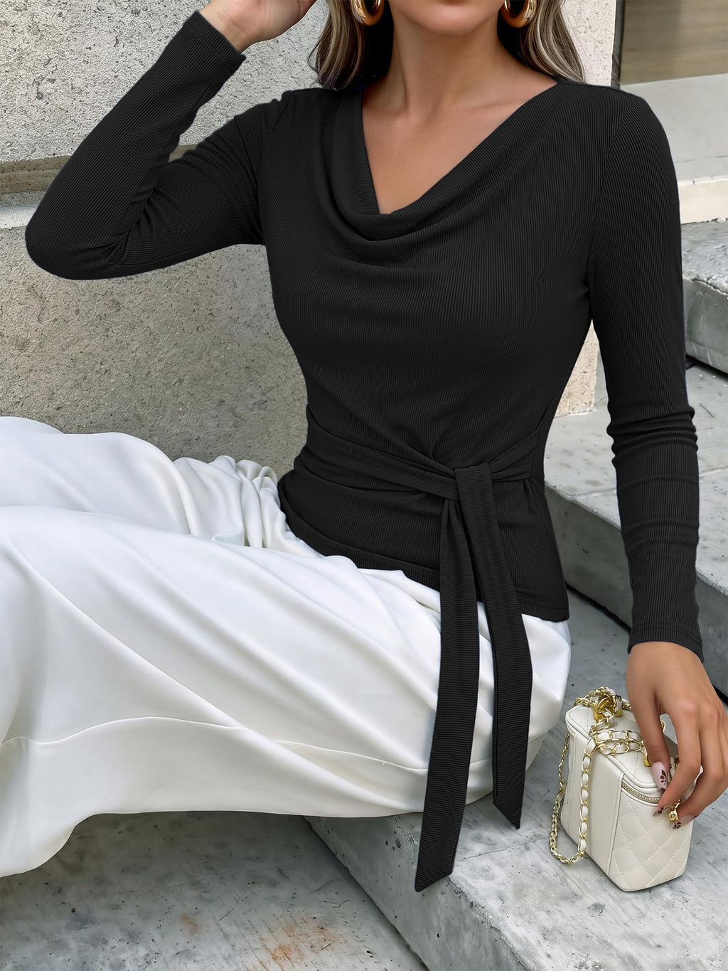 BTFBM Fall Tops for Women Tie Waist Wrap Blouses Business Casual Outfits Slim Fit Cowl Neck Long Sleeve Shirts, Elegant Dressy Blouse, Fashion Clothing, Daily Wear Going Out Office Work Clothes