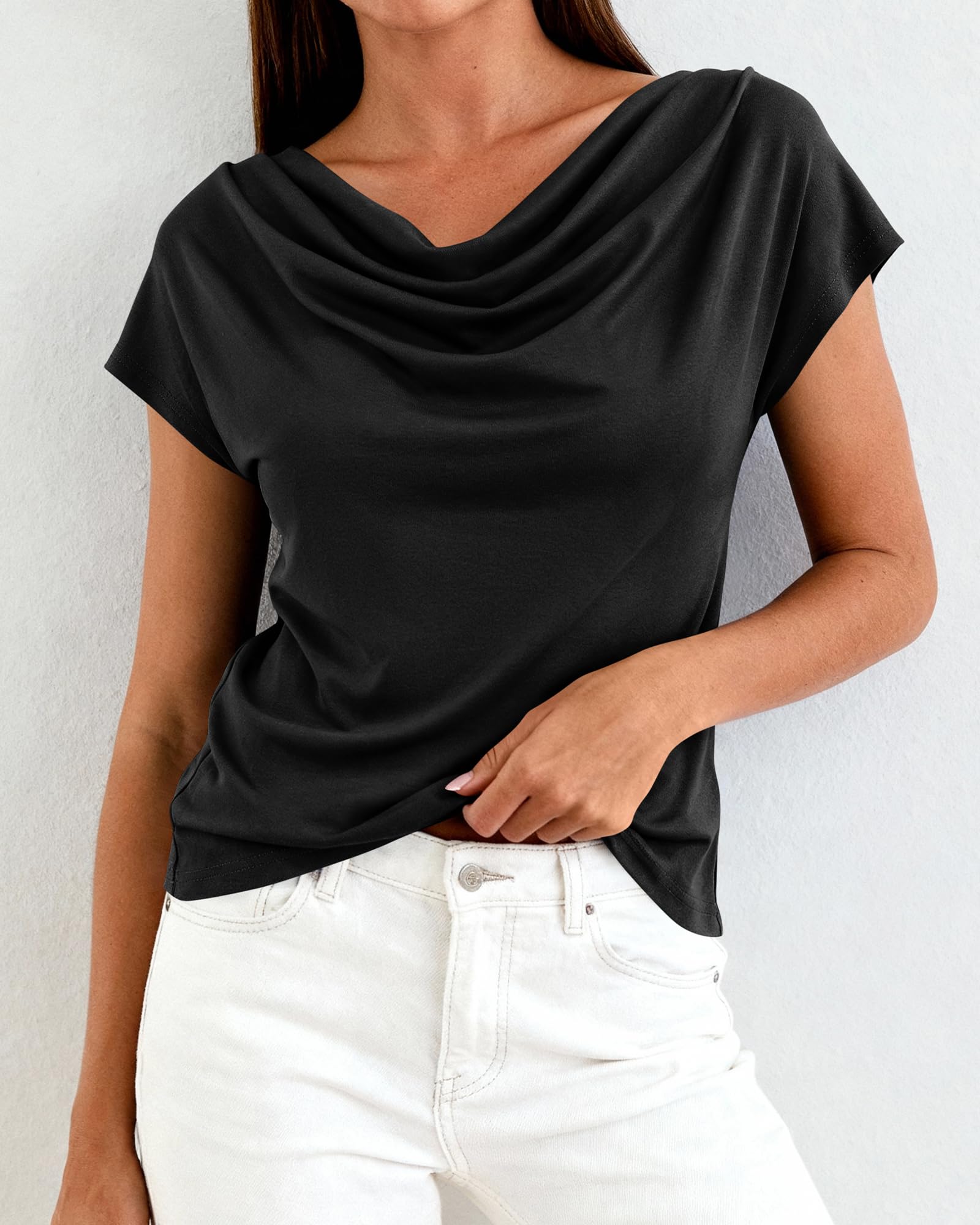 FreshPretty Blouses for Women Dressy Casual Spring Summer Tops Cowl Neck Short Sleeve Shirts Work Office Business Outfits
