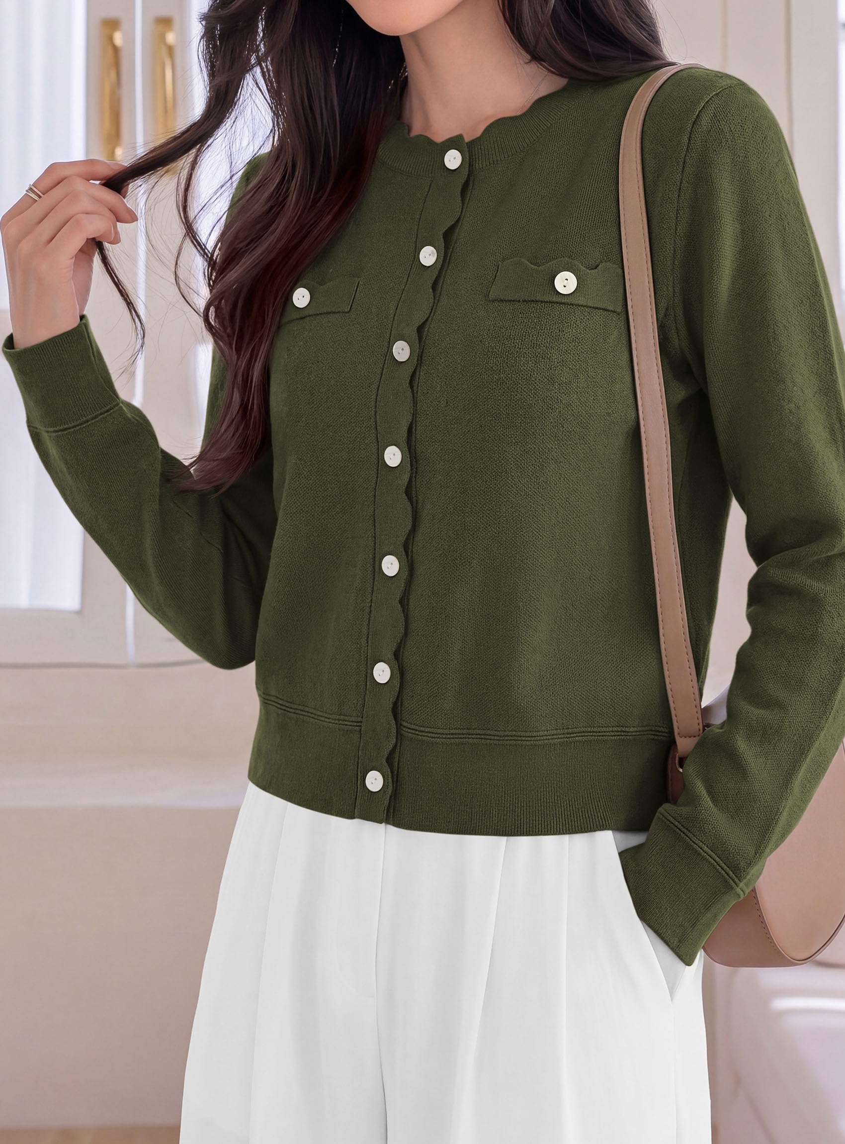 PRETTYGARDEN Cardigan Sweaters for Women Scalloped Button Up Fall Outfits Soft Knit Long Sleeve Knit Tops,Crew Neck,Business Casual Outfits,Office Work Lightweight Sweater,Layers Clothes
