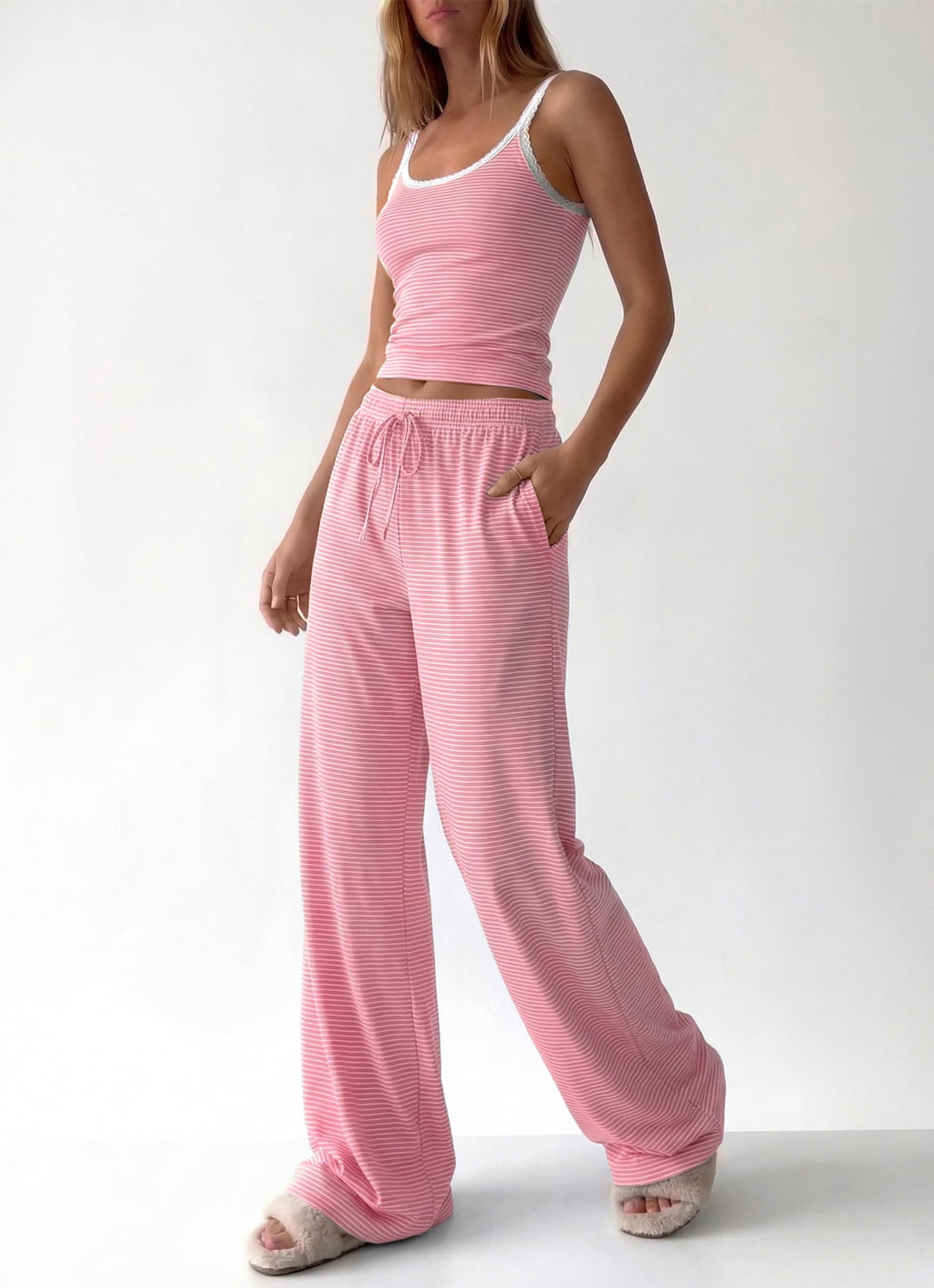 BTFBM Lounge Sets For Women Striped 2 Piece Pajama Sets Spaghetti Strap Tops Wide Leg Pants Beach Vacation Outfits