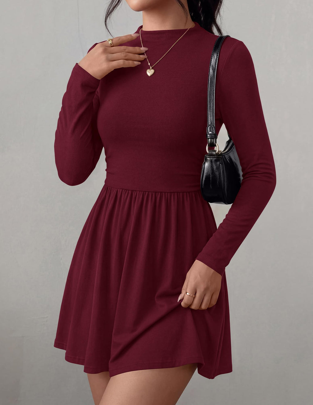BTFBM Long Sleeve Dresses for Women Mock Neck A Line Flowy Mini Dress Swing Pleated Hem,Cocktail Party Club Holiday Going Out Outfits,Dressy Casual Winter,Trendy Early Fall Fashion Clothing