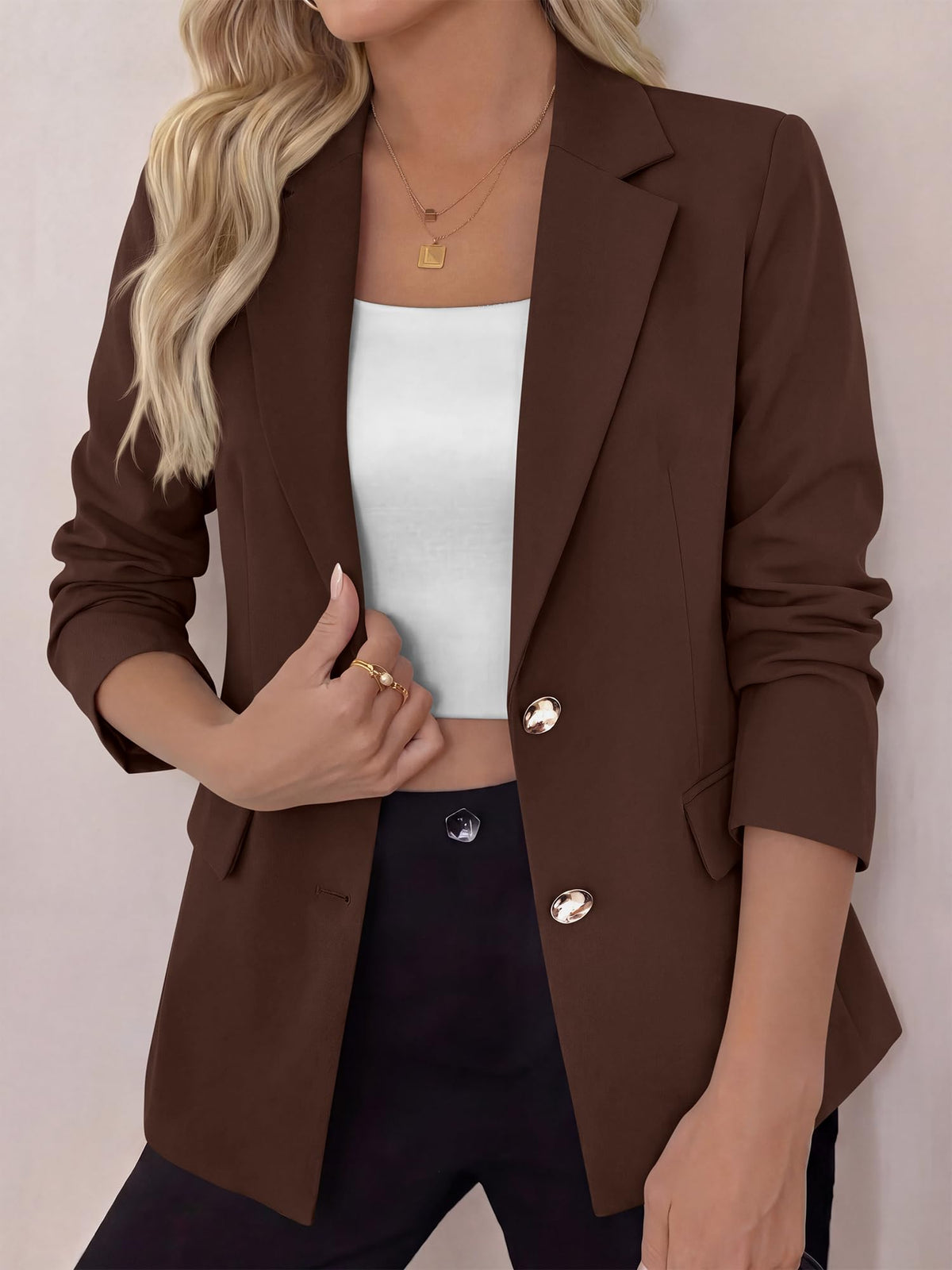 BTFBM Blazers for Women Business Casual Outfits Work Fall Clothes Breasted Notch Lapel, Long Sleeve, Gold Button, Fitted, Open Front Suit Jackets, Pockets, Dressy Professional Office Blazer