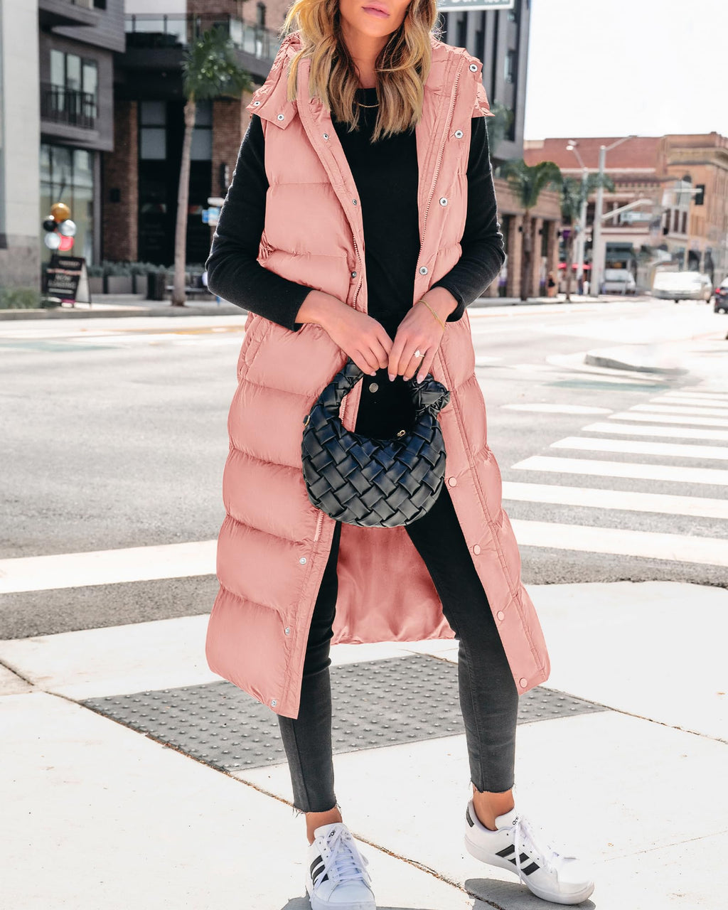 FreshPretty Long Puffer Vest Women Quilted Hooded Button Down Zip Up Sleeveless Vests Outerwear Padded Jacket Fall Winter Coat