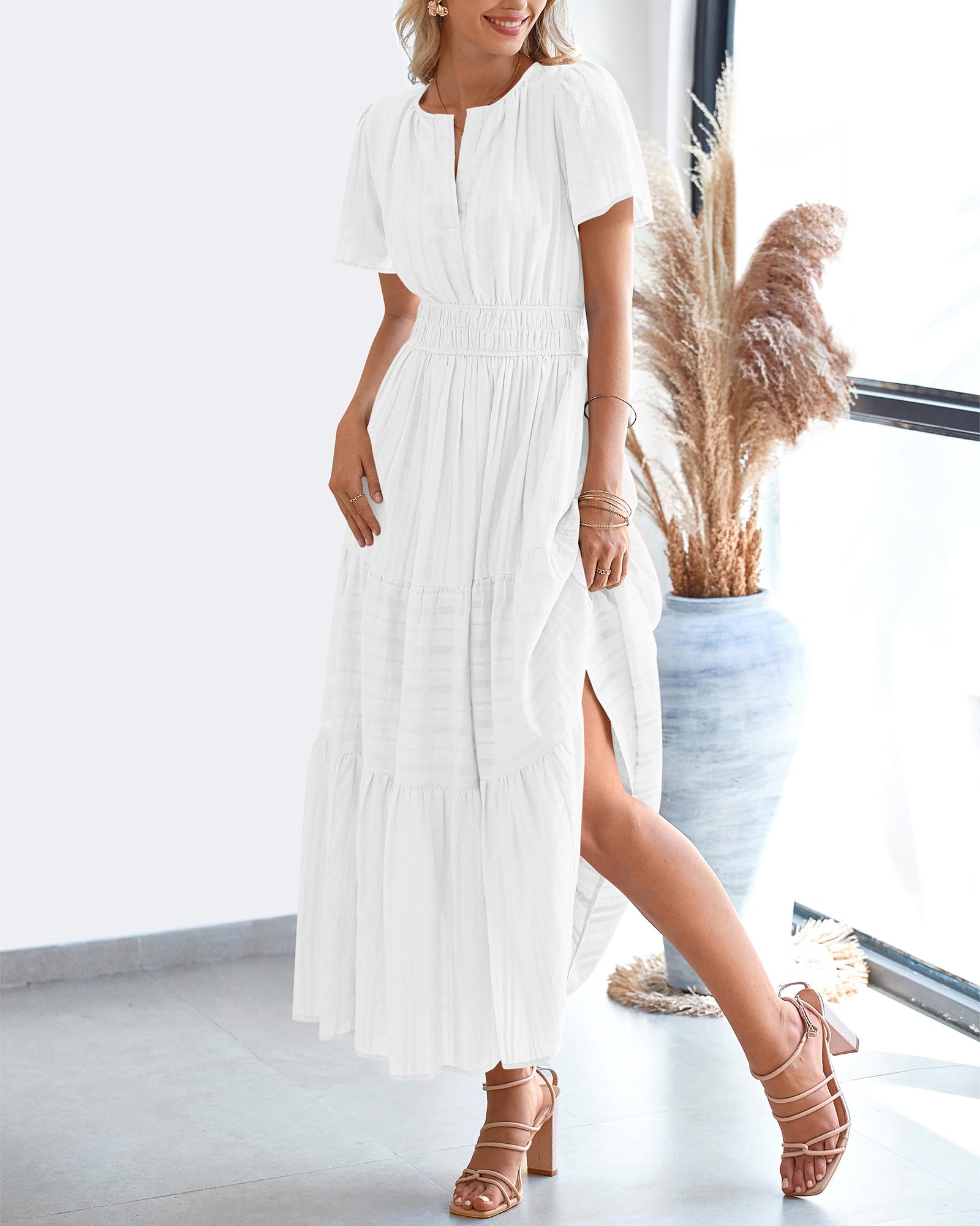 FreshPretty Womens Summer Casual Midi Maxi Dresses Lightweight Short Sleeve V Neck Elastic Waist Boho Beach Dress Pockets