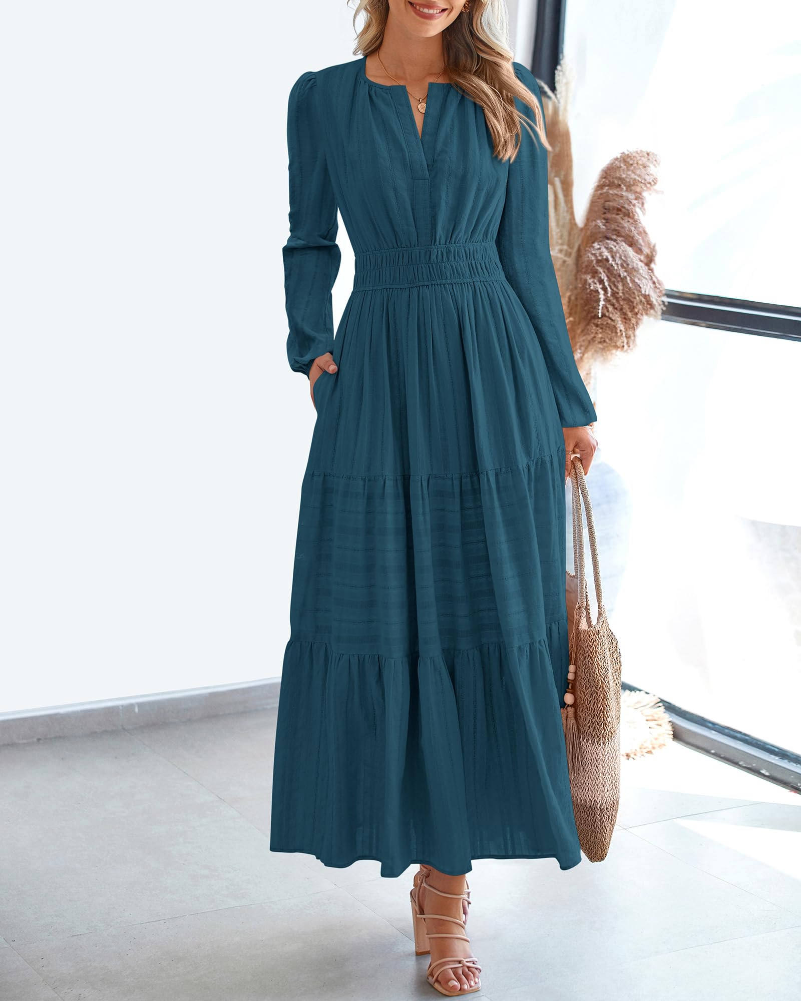 FreshPretty Fall Dresses for Women Casual Long Sleeve V Neck Elastic Waist Lightweight Maxi Wedding Guest Dress Pockets