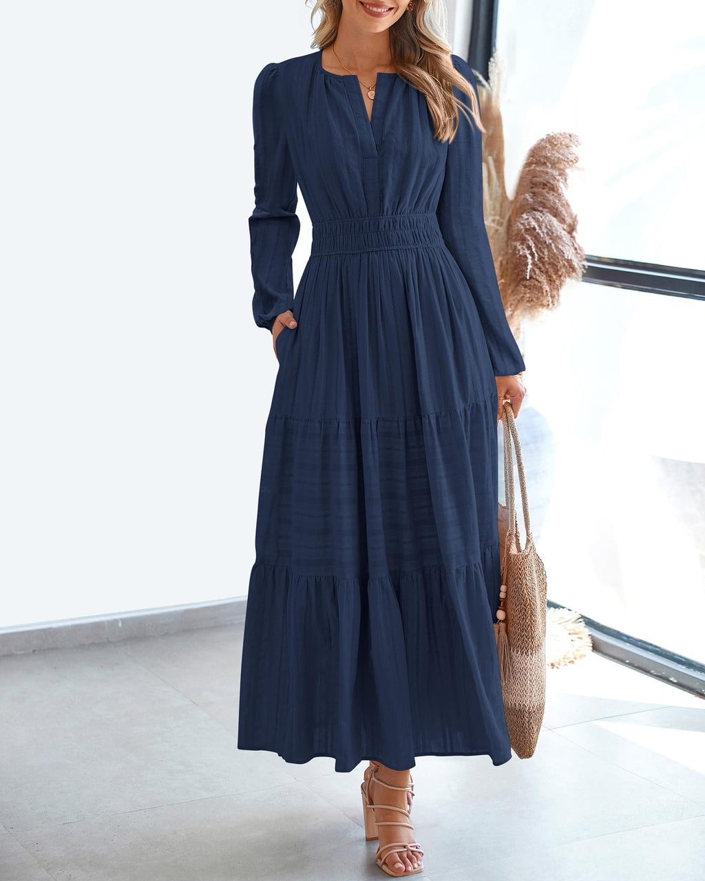 FreshPretty Fall Dresses for Women Casual Long Sleeve V Neck Elastic Waist Lightweight Maxi Wedding Guest Dress Pockets