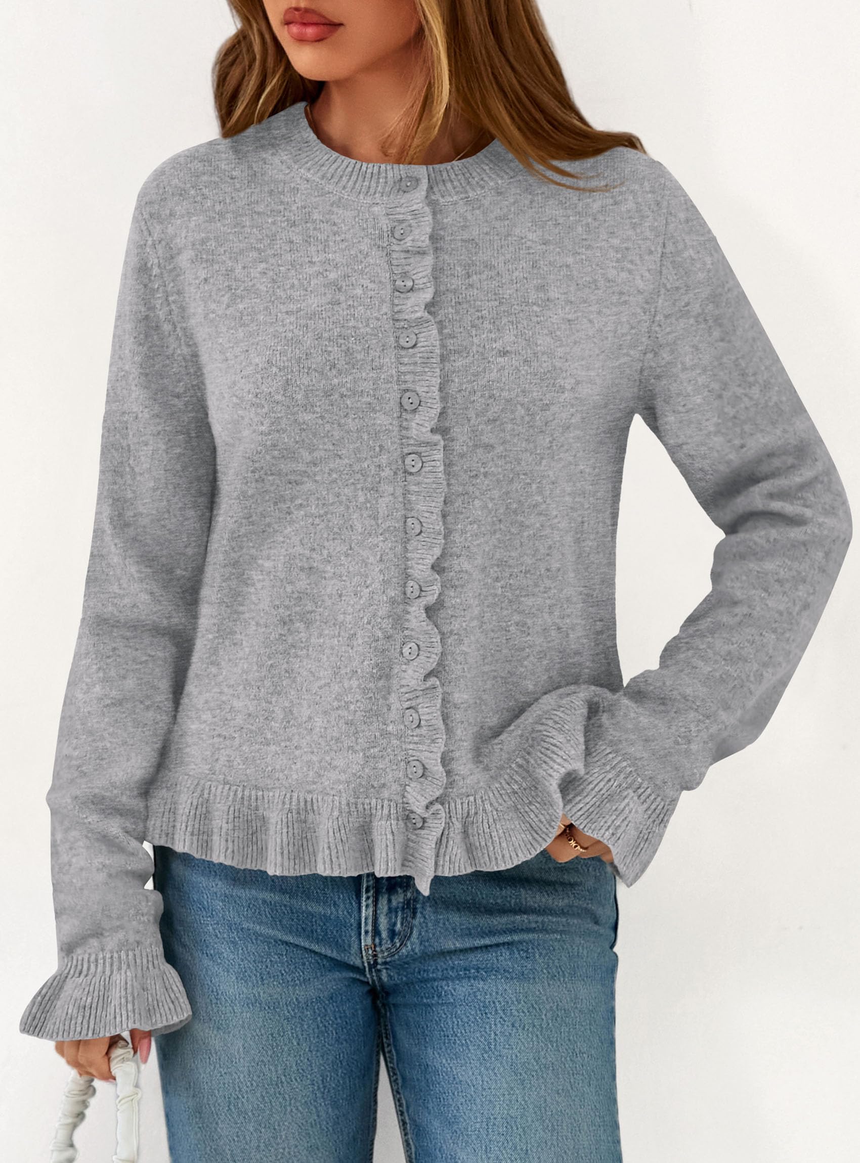 PRETTYGARDEN Womens Fall Button Down Cardigans Chunky Knit Ruffle Open Front Cropped Cardigan Sweaters Soft Long Sleeve Tops