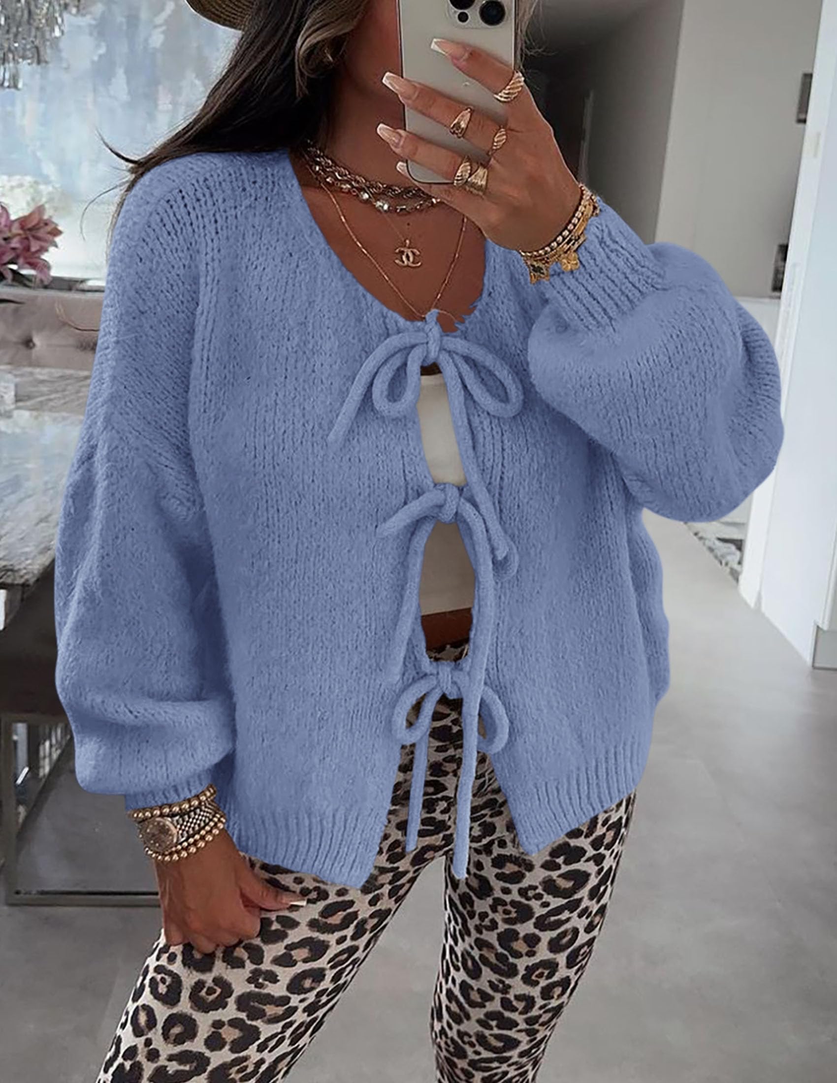 PRETTYGARDEN Women's Tie Front Bow Cardigan Sweaters Chunky Knit Long Puff Sleeve Trendy Fall Winter Jacket Coat