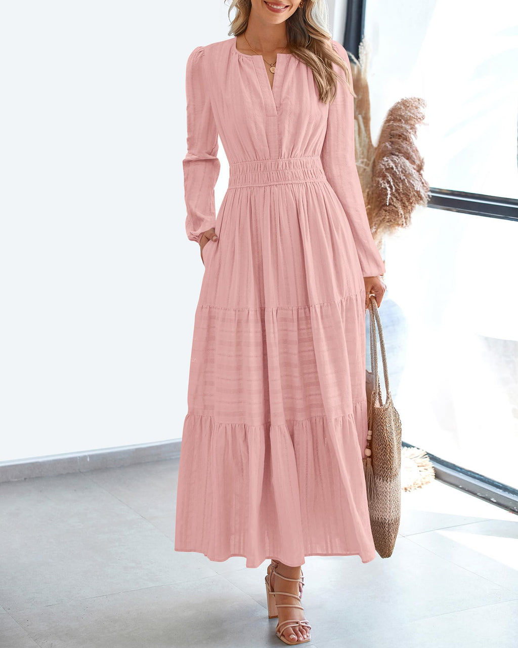 FreshPretty Fall Dresses for Women Casual Long Sleeve V Neck Elastic Waist Lightweight Maxi Wedding Guest Dress Pockets