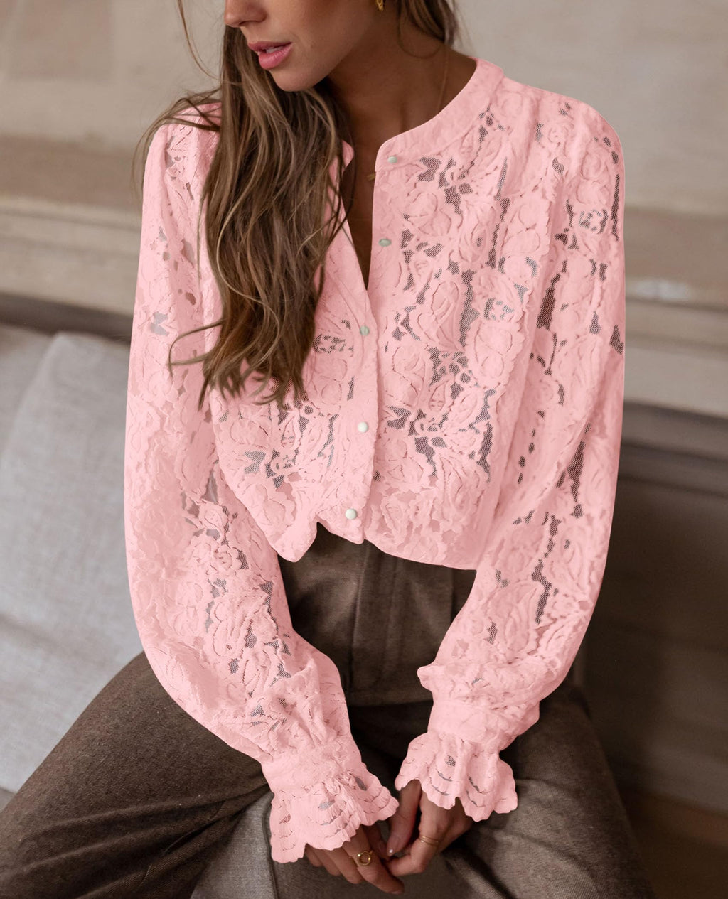 PRETTYGARDEN Women's Dressy Casual Lace Blouse Long Sleeve Button Up Shirts Tops Spring Fall Fashion Clothes