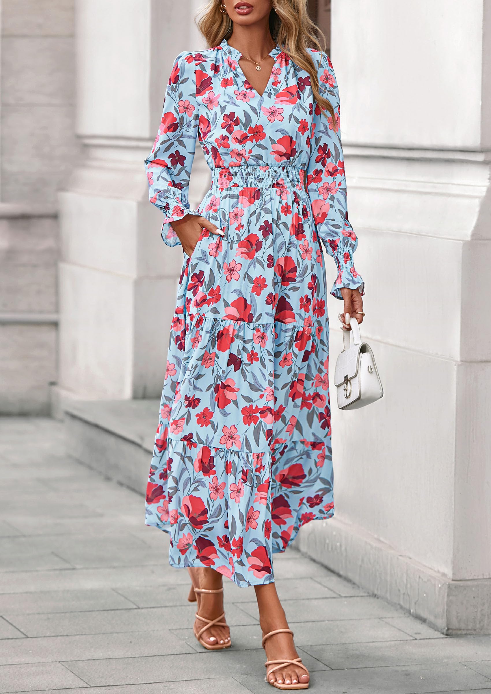 PRETTYGARDEN Women's Floral Maxi Dress Fall Long Sleeve V Neck Casual A Line Long Flowy Boho Party Dresses