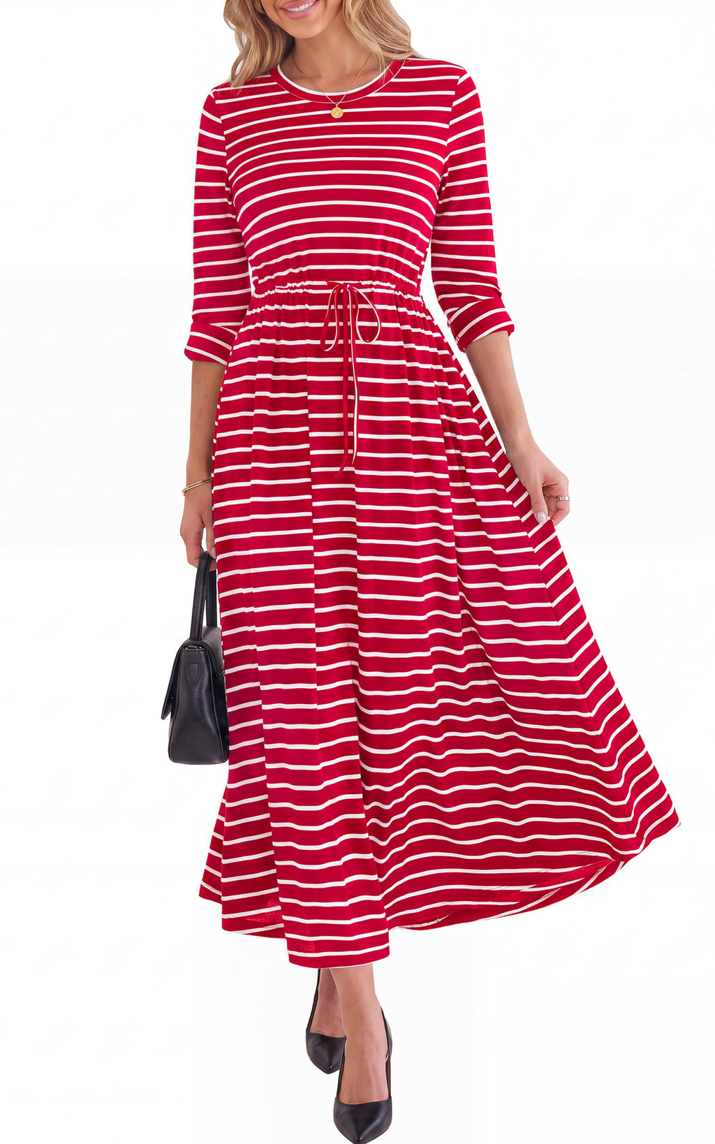 FreshPretty Long Sleeve Maxi Dresses for Women Fall Casual Loose Striped Dress|Cotton T Shirt Dress, Loose Fit Dress with Pocket, Business Casual Work Teacher, Fall Outfits