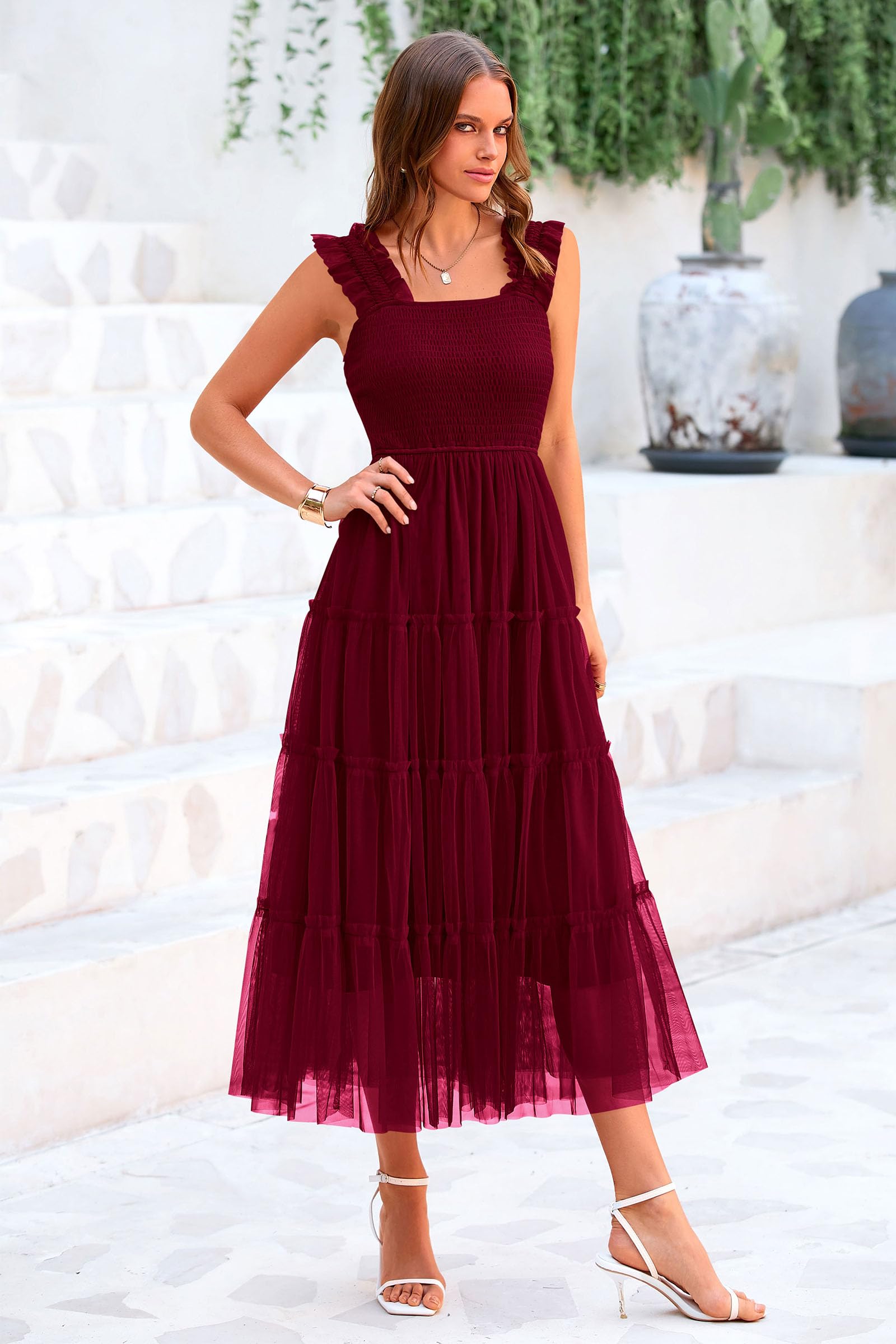 PRETTYGARDEN Women's Summer Tulle Midi Dress Sleeveless Smocked Ruffle Flowy Mesh Dresses Party Wedding Guest Sundress